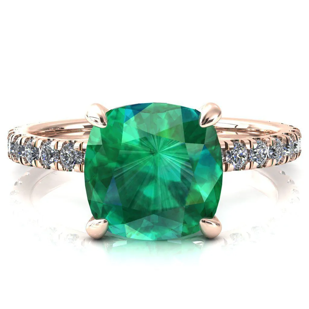 Alessi Cushion Emerald 4 Claw Prong 3/4 Micro Pave Engagement Ring