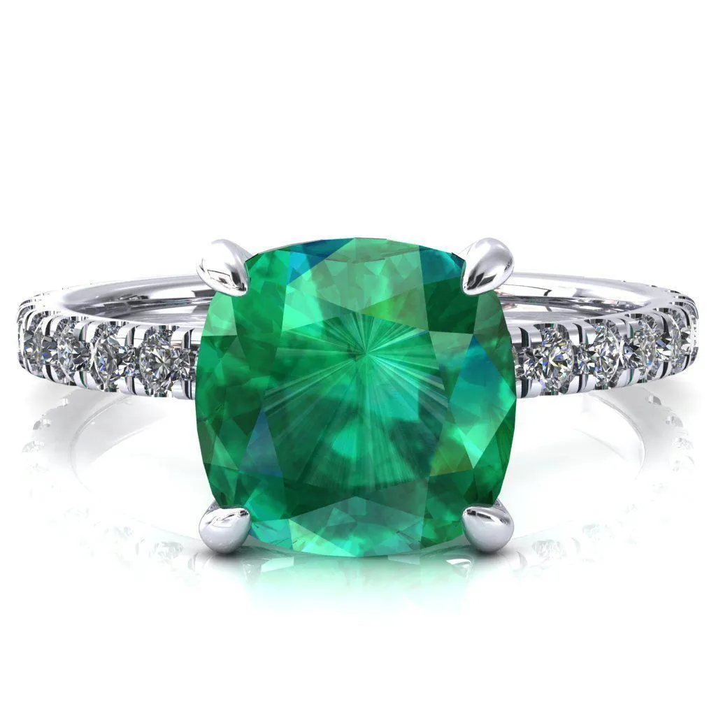 Alessi Cushion Emerald 4 Claw Prong 3/4 Micro Pave Engagement Ring
