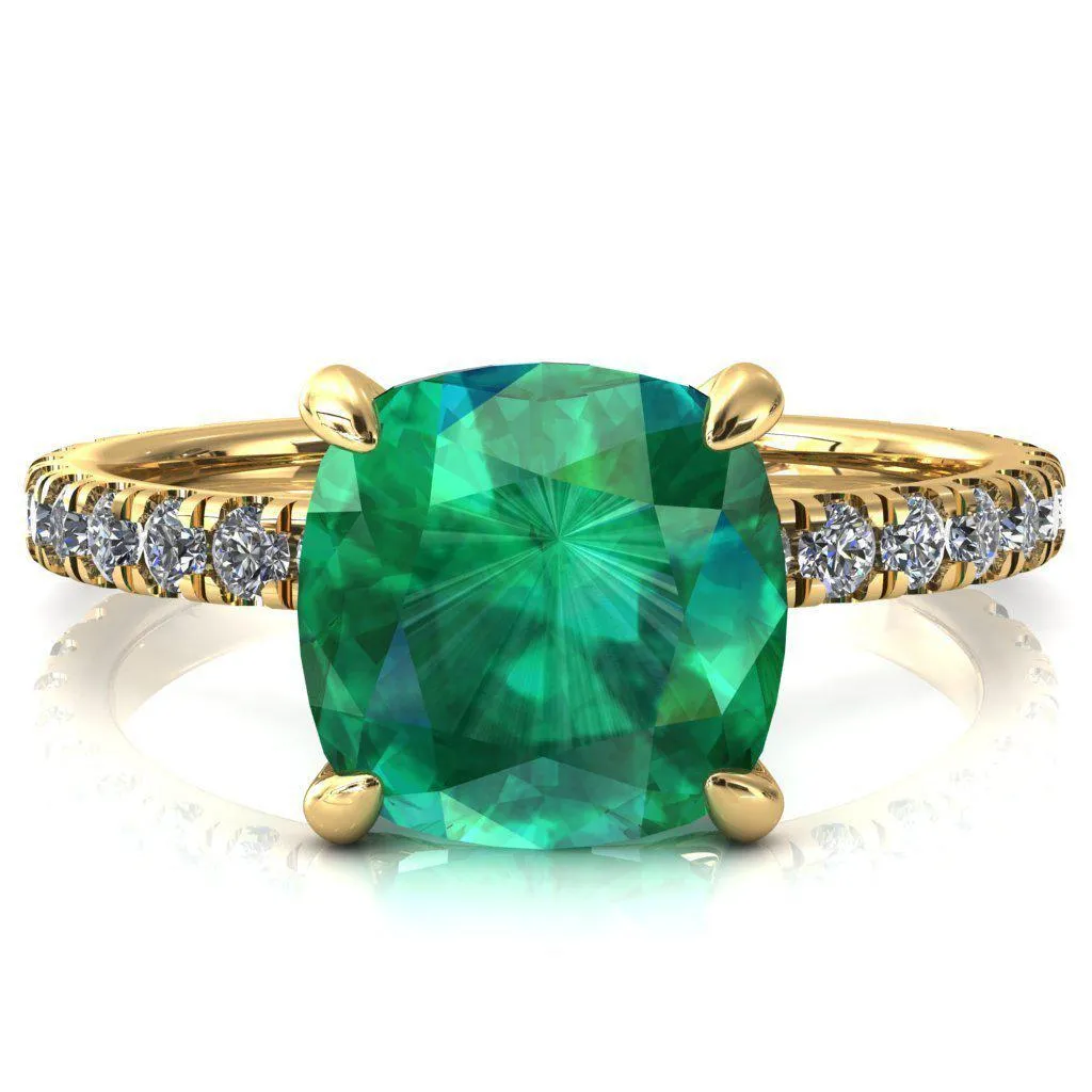 Alessi Cushion Emerald 4 Claw Prong 3/4 Micro Pave Engagement Ring