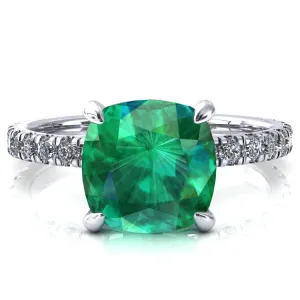 Alessi Cushion Emerald 4 Claw Prong 3/4 Micro Pave Engagement Ring