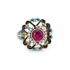 Antique Edwardian Enamel Ring Vintage 14k Yellow Gold Seed Pearls Sz 2.5