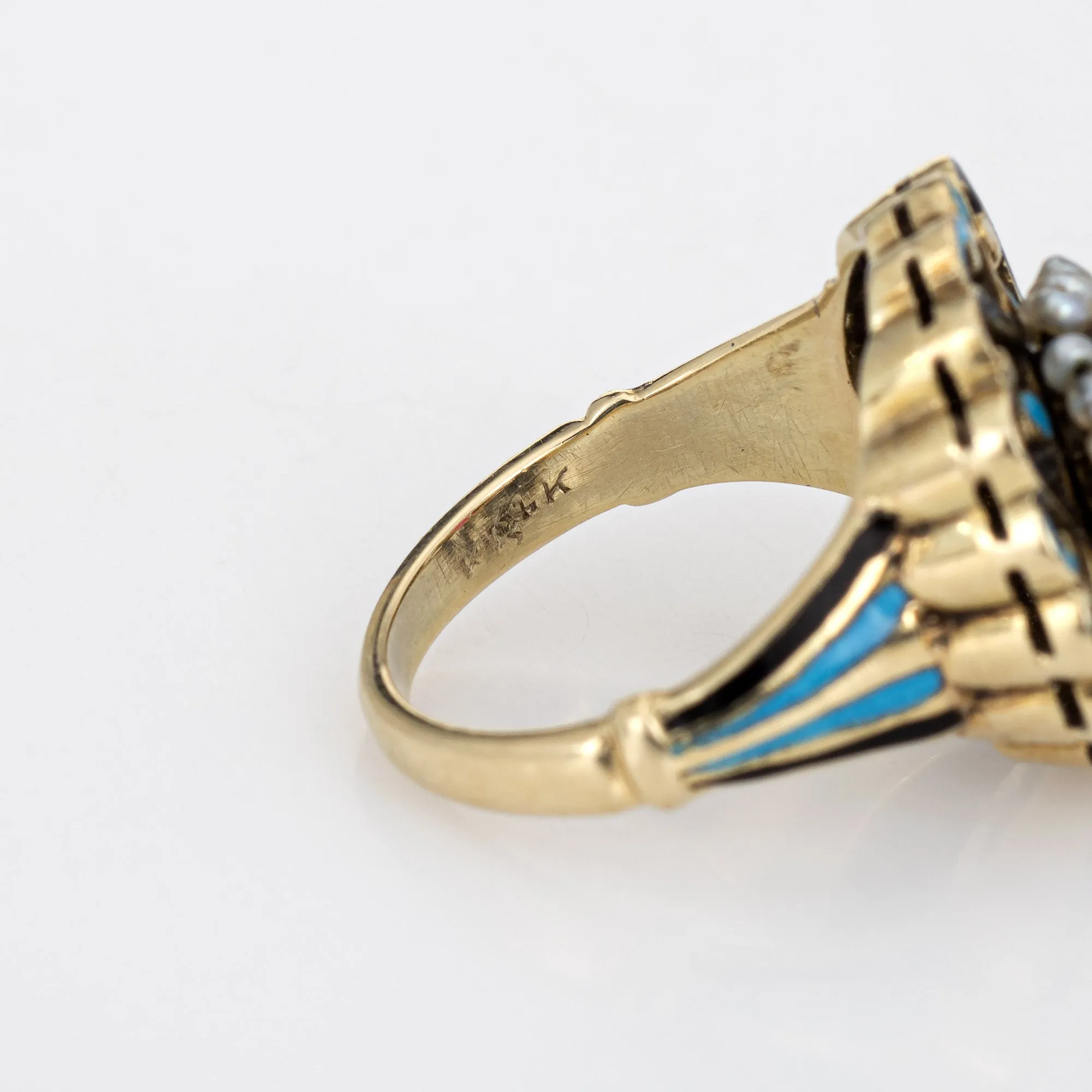 Antique Edwardian Enamel Ring Vintage 14k Yellow Gold Seed Pearls Sz 2.5