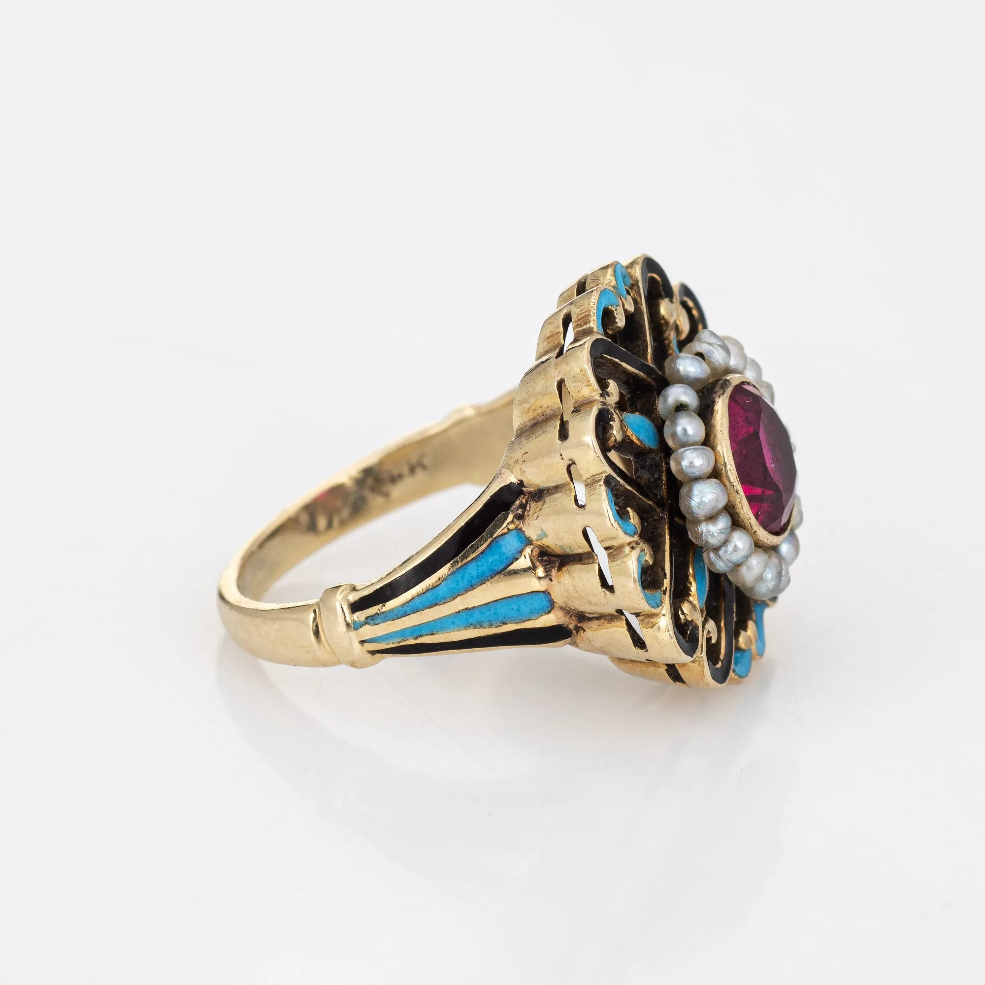 Antique Edwardian Enamel Ring Vintage 14k Yellow Gold Seed Pearls Sz 2.5