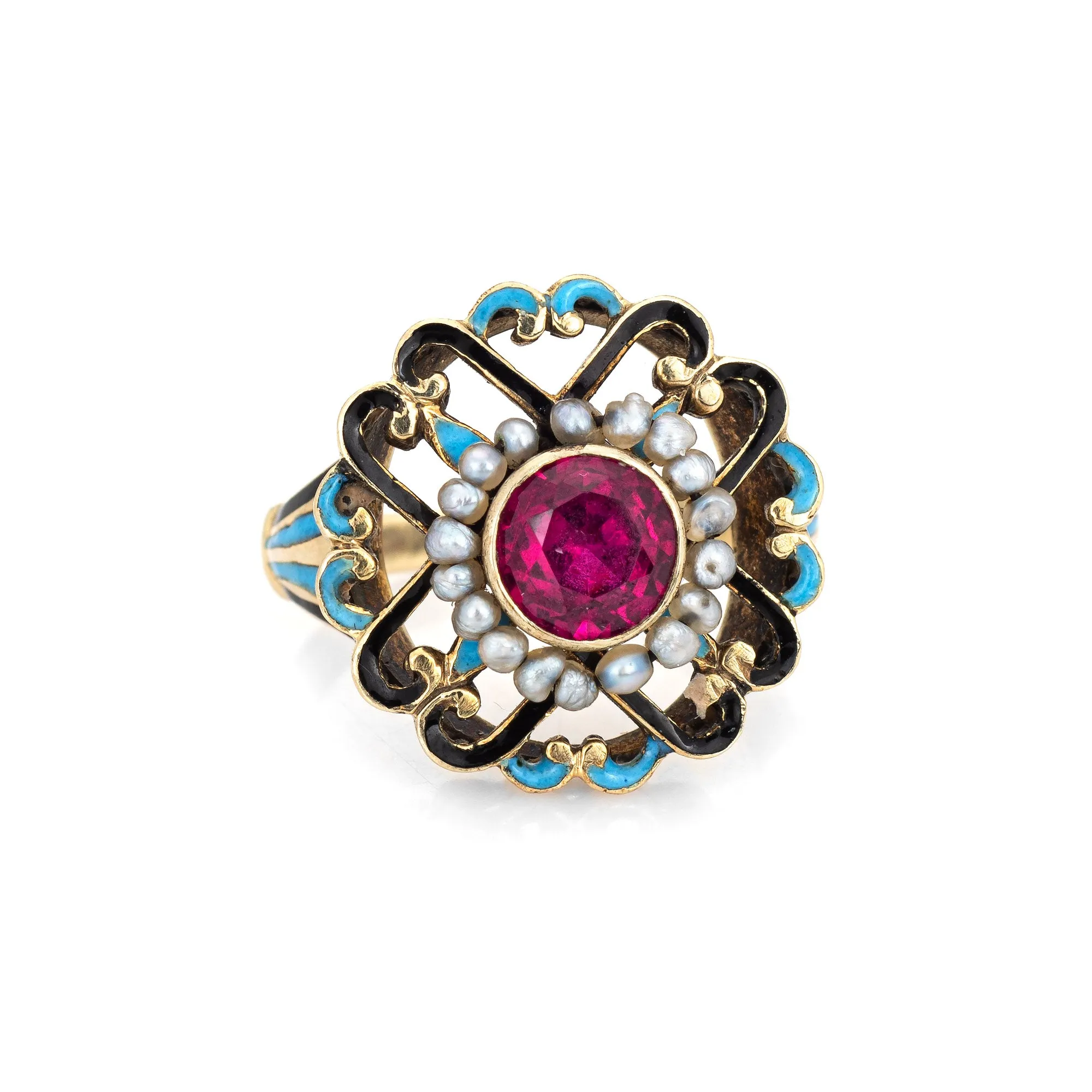 Antique Edwardian Enamel Ring Vintage 14k Yellow Gold Seed Pearls Sz 2.5