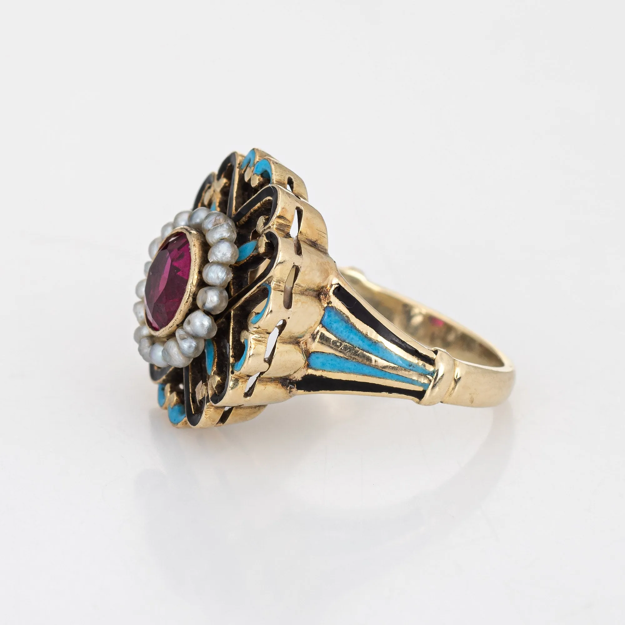 Antique Edwardian Enamel Ring Vintage 14k Yellow Gold Seed Pearls Sz 2.5