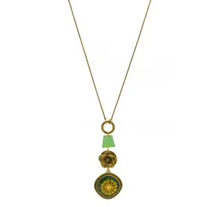 Antique Gold Flower and Green Square Faceted Pendant Necklaces #195TL12 (2C2)
