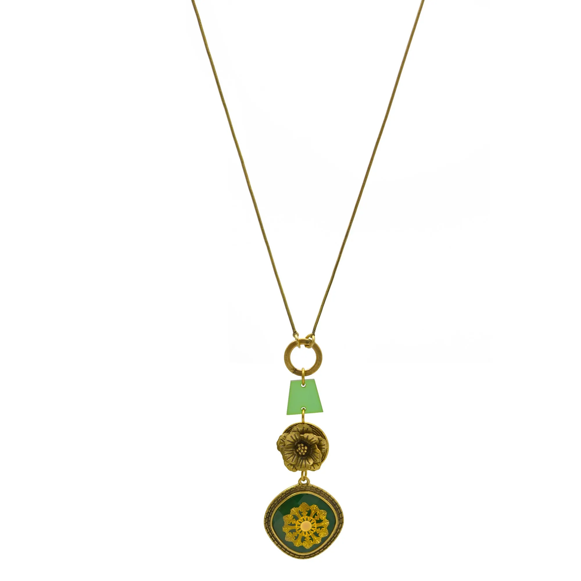 Antique Gold Flower and Green Square Faceted Pendant Necklaces #195TL12 (2C2)