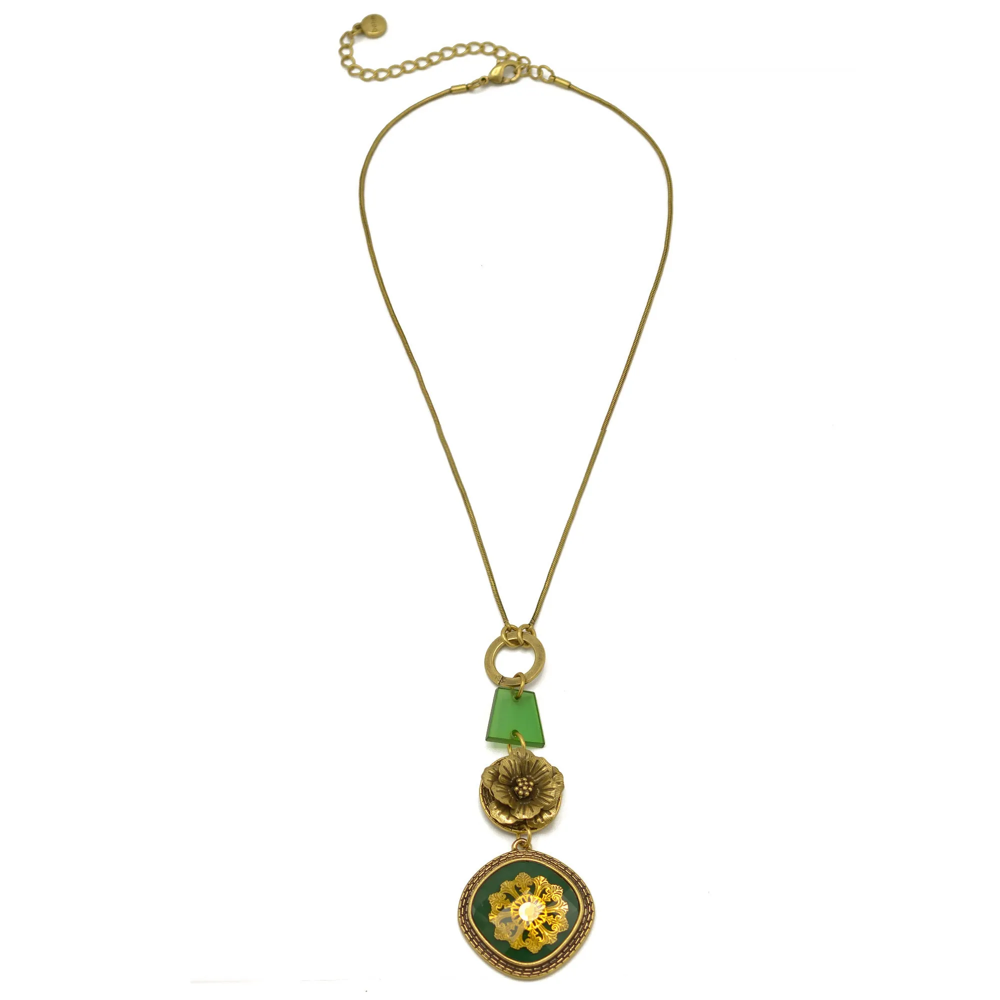 Antique Gold Flower and Green Square Faceted Pendant Necklaces #195TL12 (2C2)