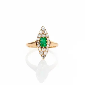 Antique Victorian 0.60 Carat Emerald Old European Diamond Navette Ring