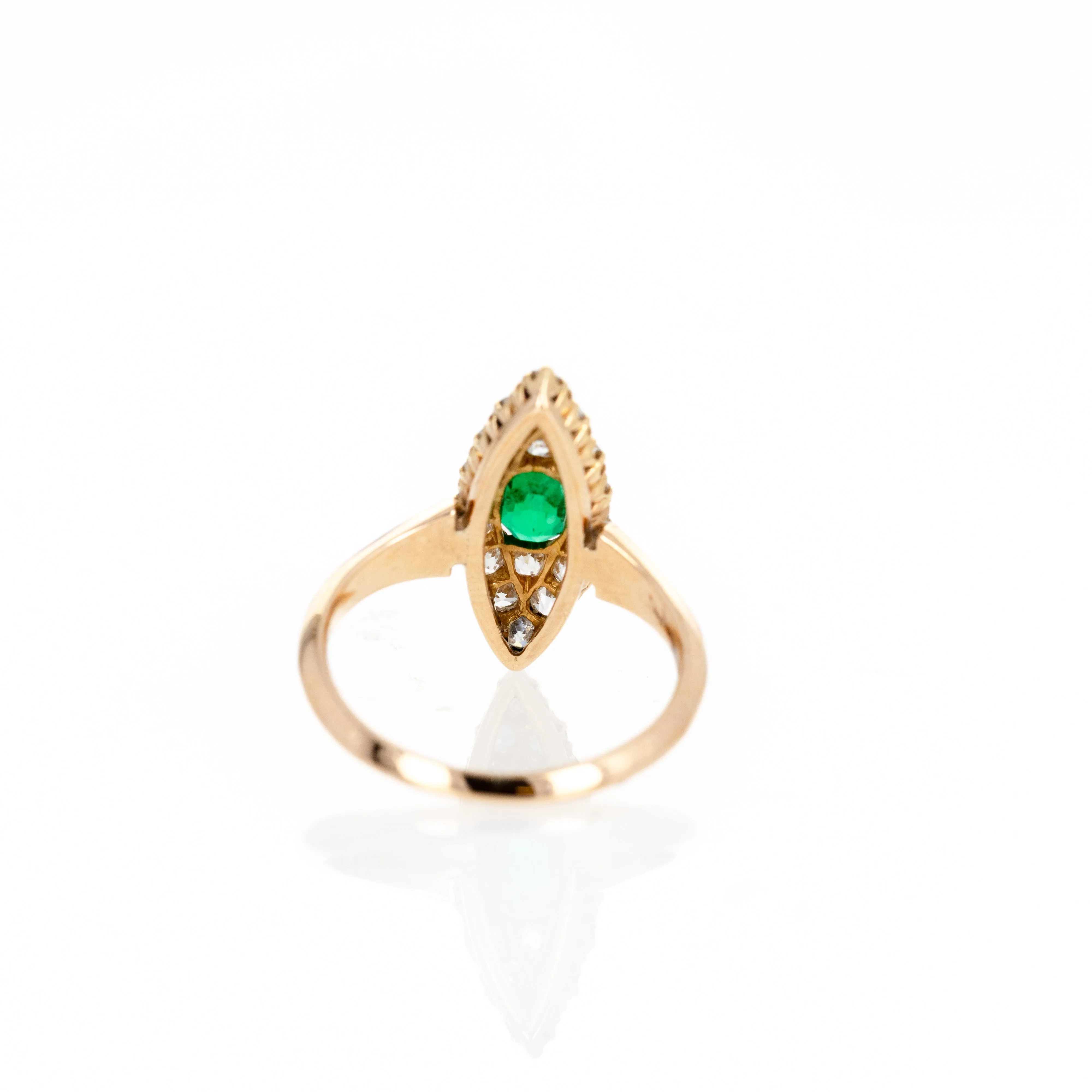 Antique Victorian 0.60 Carat Emerald Old European Diamond Navette Ring