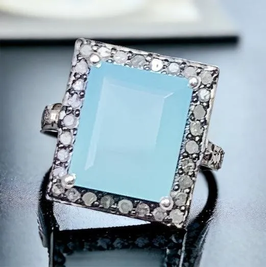 Aqua Chalcedony Cushion Cut Ring with Pavé Diamonds