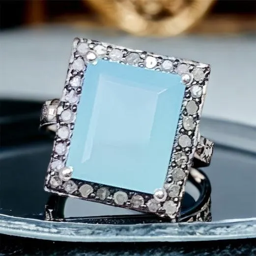 Aqua Chalcedony Cushion Cut Ring with Pavé Diamonds