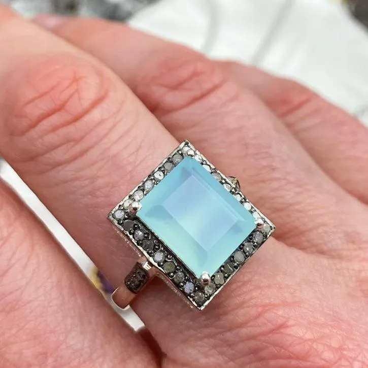 Aqua Chalcedony Cushion Cut Ring with Pavé Diamonds