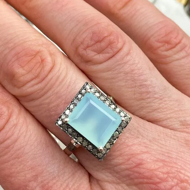 Aqua Chalcedony Cushion Cut Ring with Pavé Diamonds