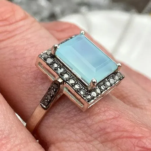 Aqua Chalcedony Cushion Cut Ring with Pavé Diamonds