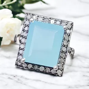 Aqua Chalcedony Cushion Cut Ring with Pavé Diamonds