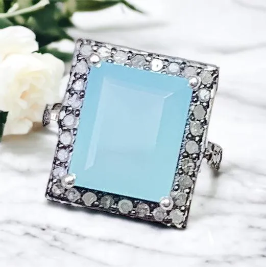 Aqua Chalcedony Cushion Cut Ring with Pavé Diamonds