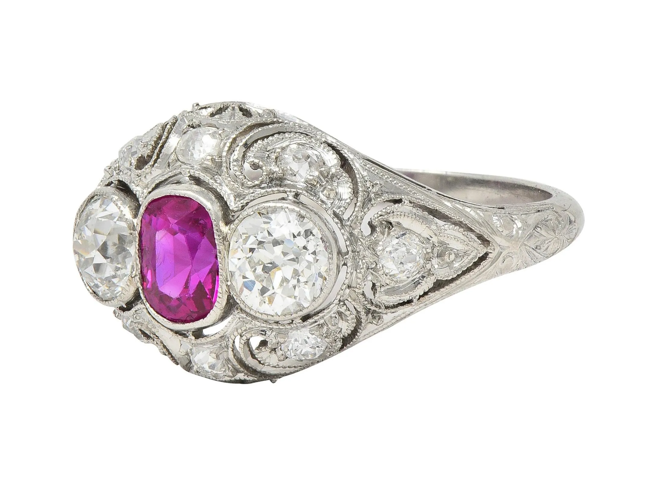 Art Deco 1.75 CTW No Heat Burma Ruby Diamond Platinum Vintage Lotus Bombé Ring GIA