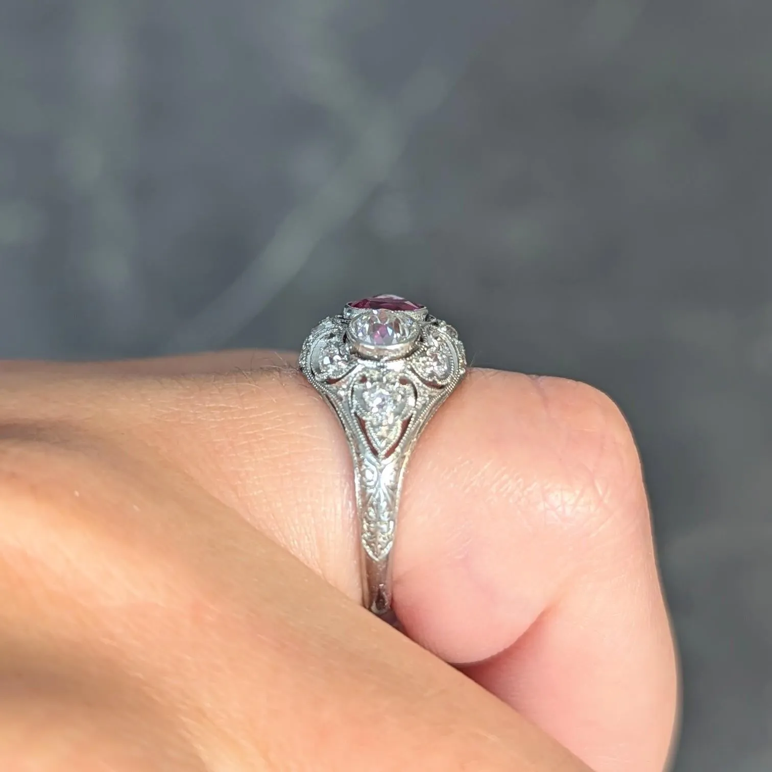 Art Deco 1.75 CTW No Heat Burma Ruby Diamond Platinum Vintage Lotus Bombé Ring GIA