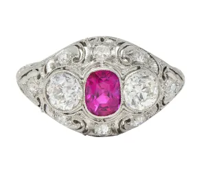 Art Deco 1.75 CTW No Heat Burma Ruby Diamond Platinum Vintage Lotus Bombé Ring GIA
