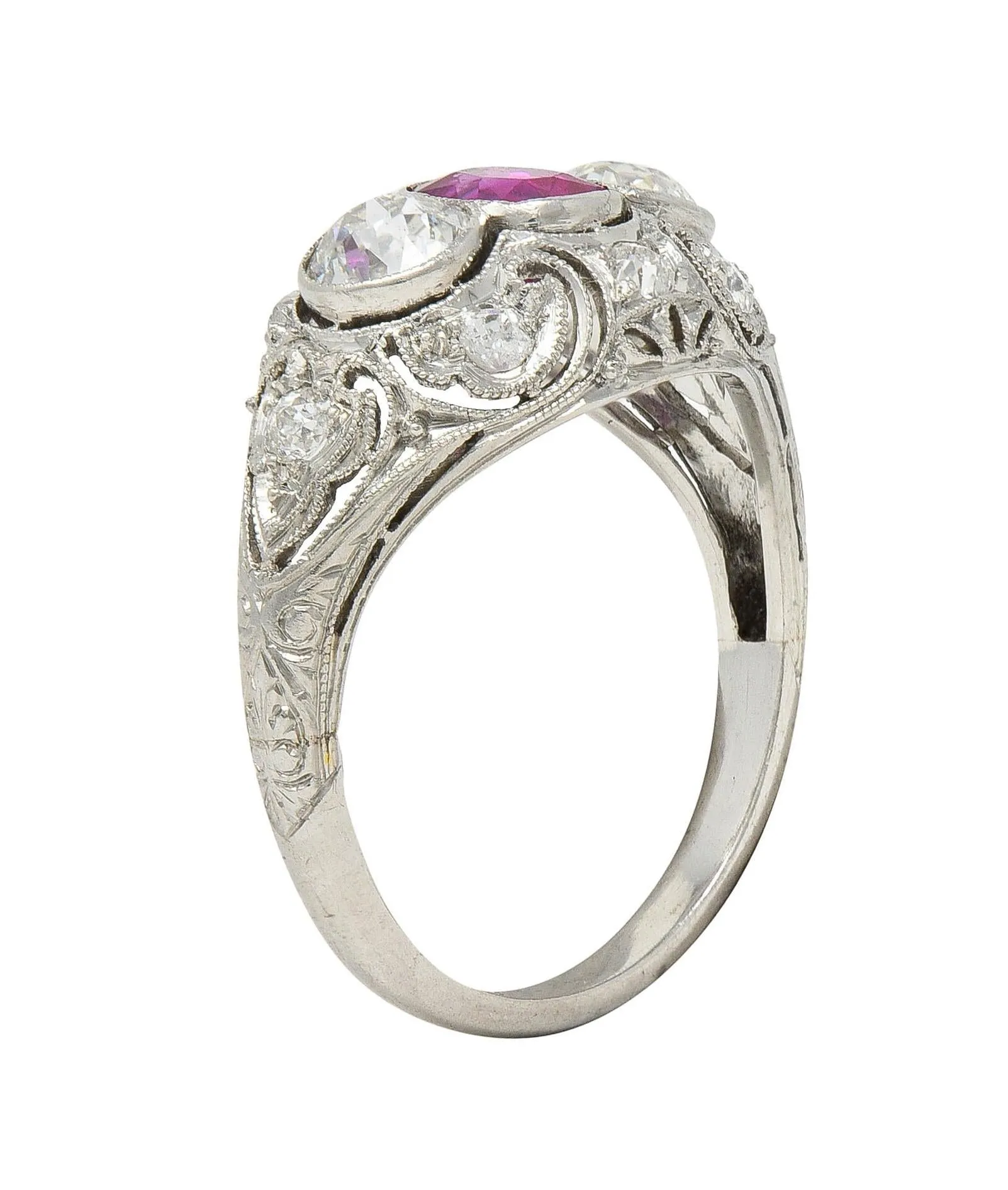 Art Deco 1.75 CTW No Heat Burma Ruby Diamond Platinum Vintage Lotus Bombé Ring GIA