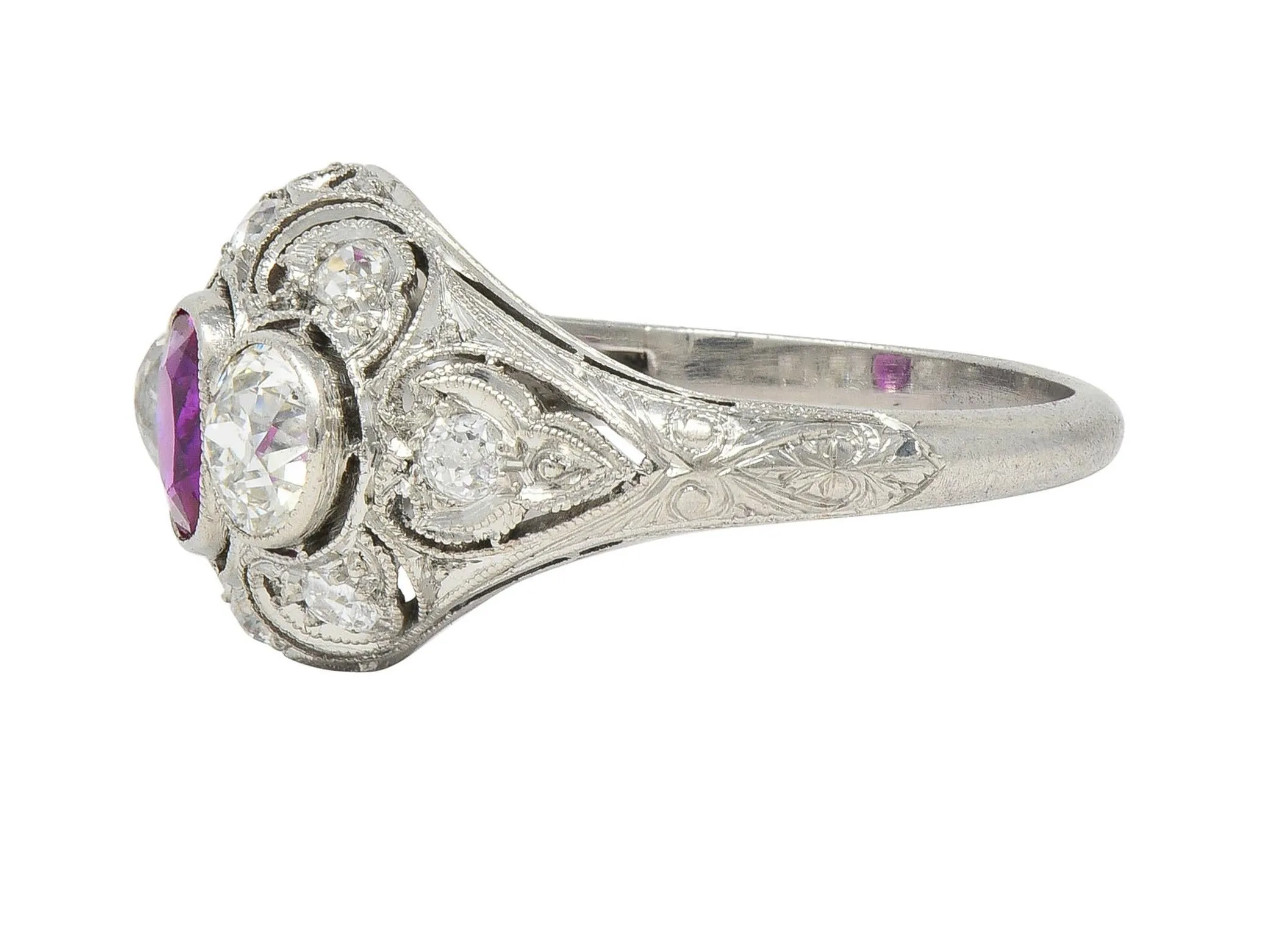 Art Deco 1.75 CTW No Heat Burma Ruby Diamond Platinum Vintage Lotus Bombé Ring GIA