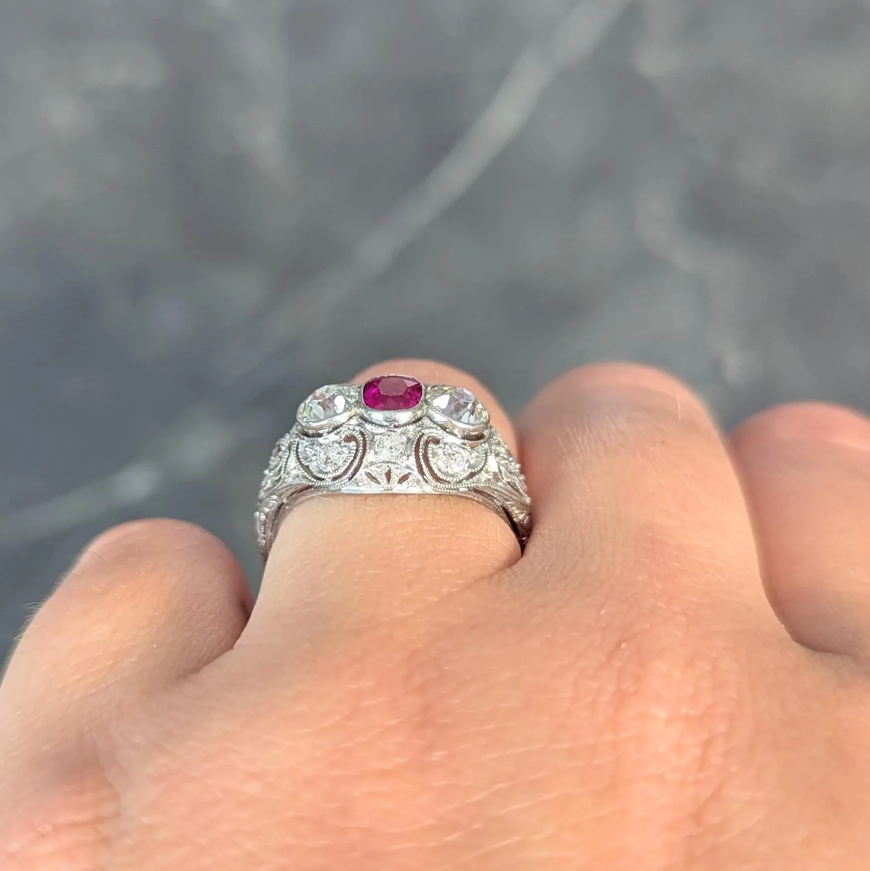 Art Deco 1.75 CTW No Heat Burma Ruby Diamond Platinum Vintage Lotus Bombé Ring GIA