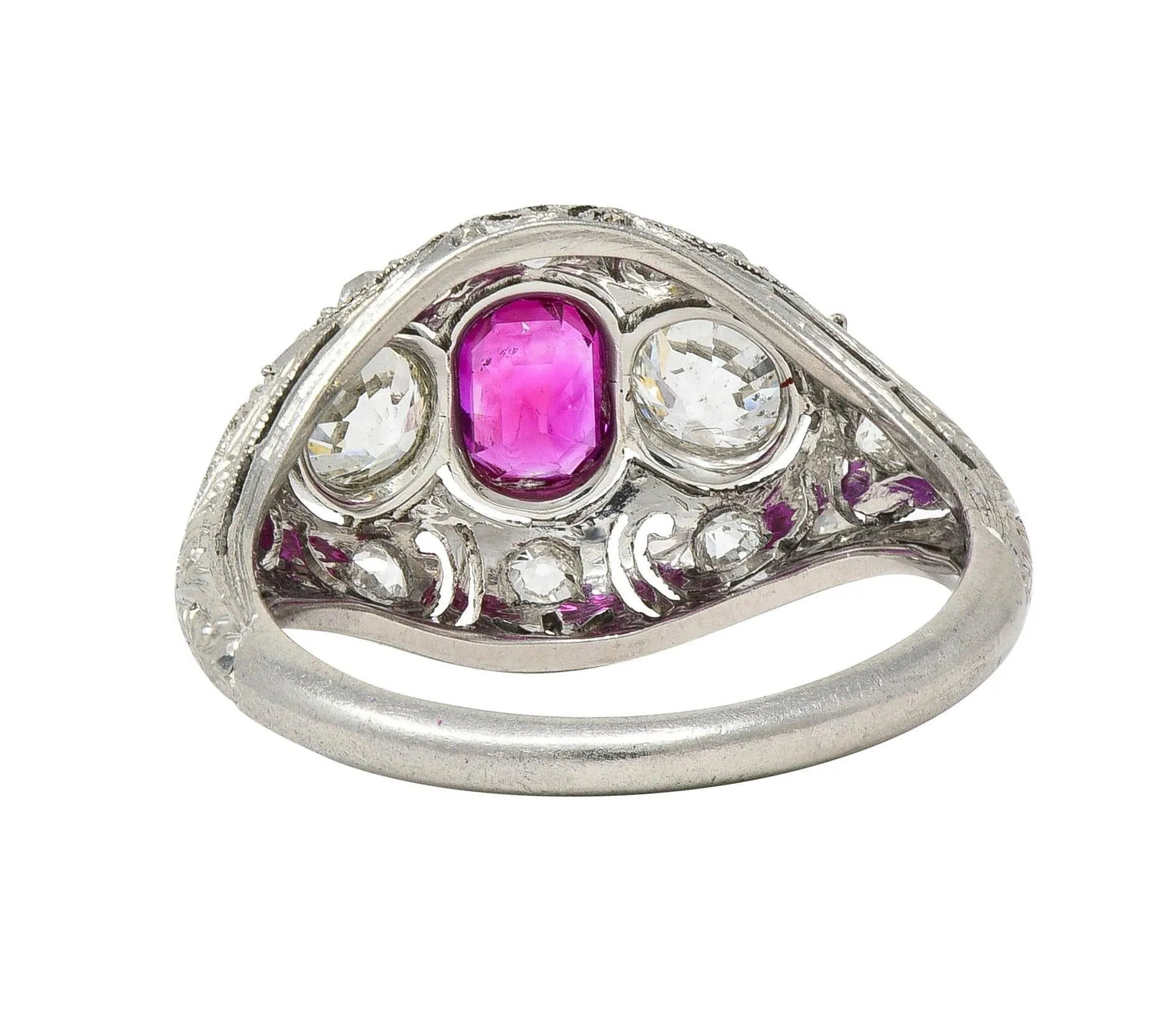 Art Deco 1.75 CTW No Heat Burma Ruby Diamond Platinum Vintage Lotus Bombé Ring GIA