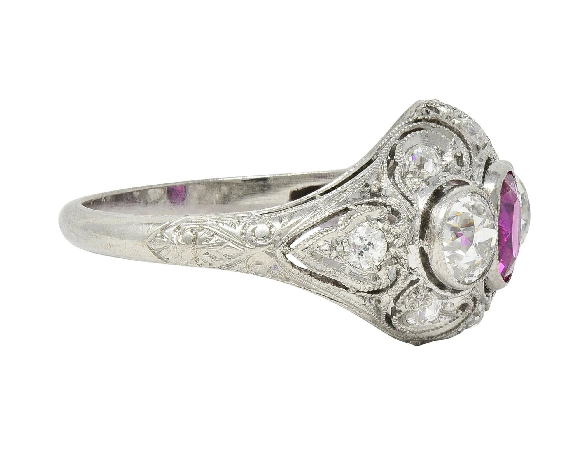 Art Deco 1.75 CTW No Heat Burma Ruby Diamond Platinum Vintage Lotus Bombé Ring GIA