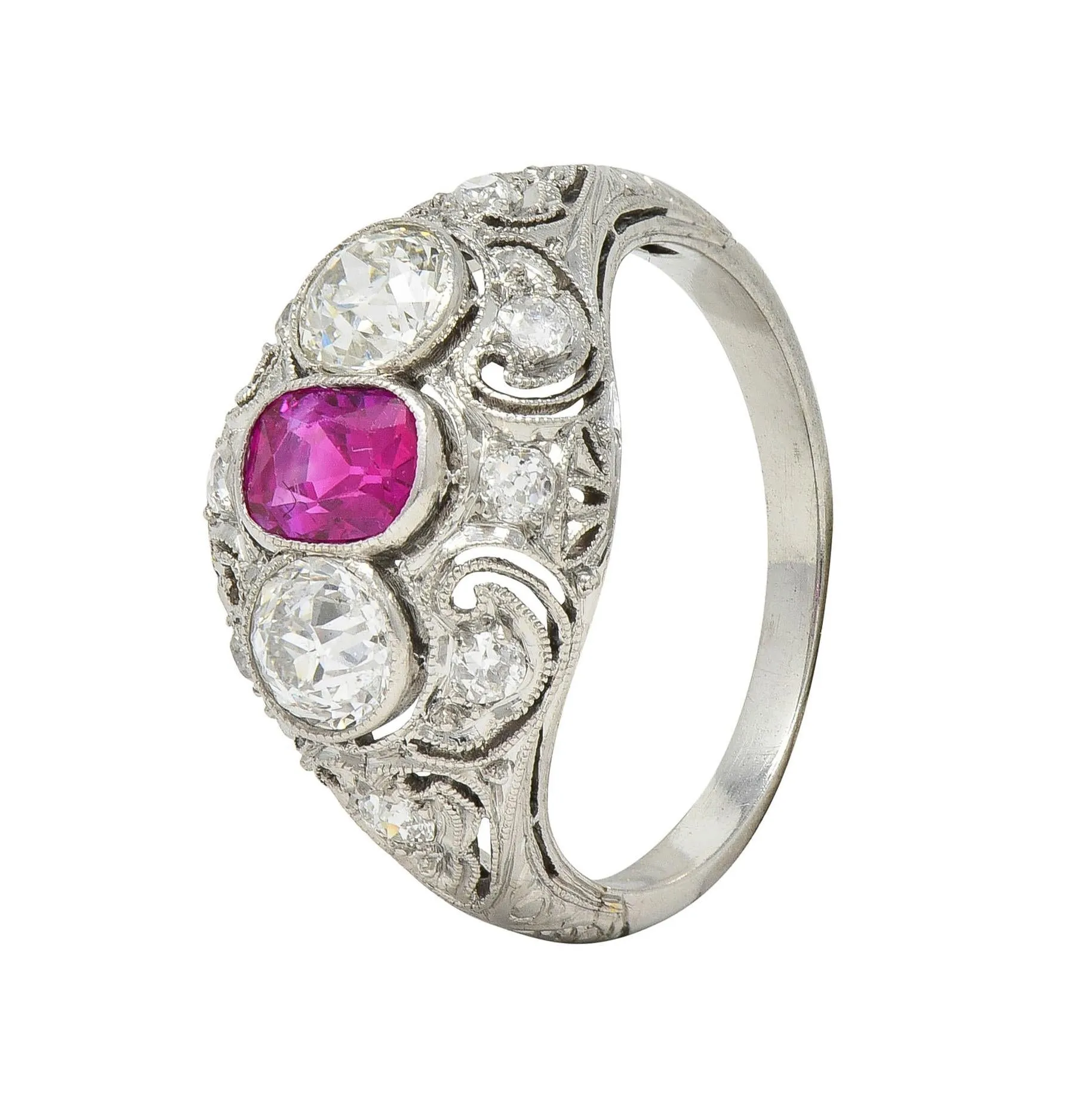 Art Deco 1.75 CTW No Heat Burma Ruby Diamond Platinum Vintage Lotus Bombé Ring GIA