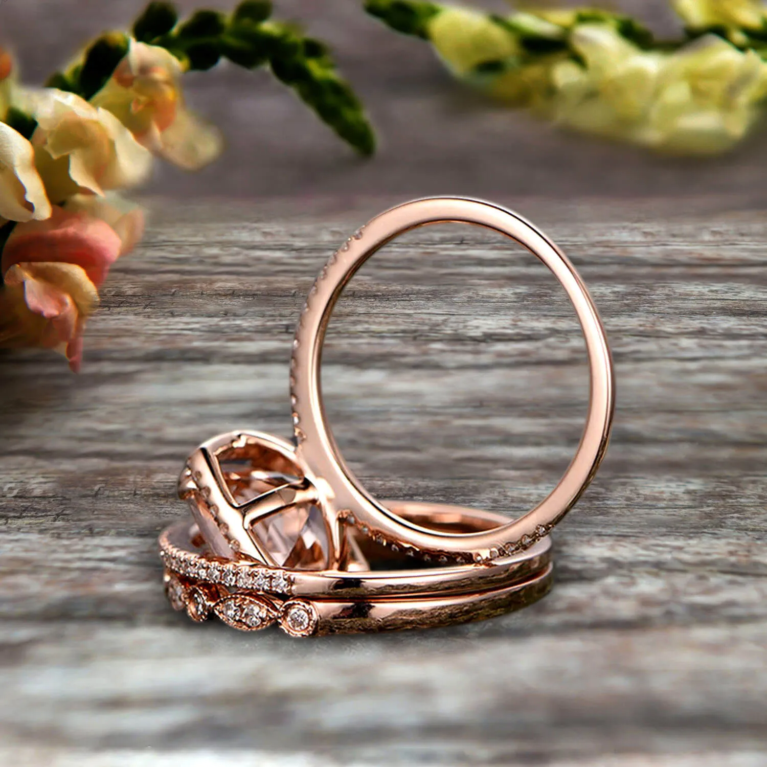 Art Deco 2 Carat Cushion Cut Morganite Wedding Ring Set On 10k Rose Gold Engagement Ring  Matching Wedding Band Imaginative Gift