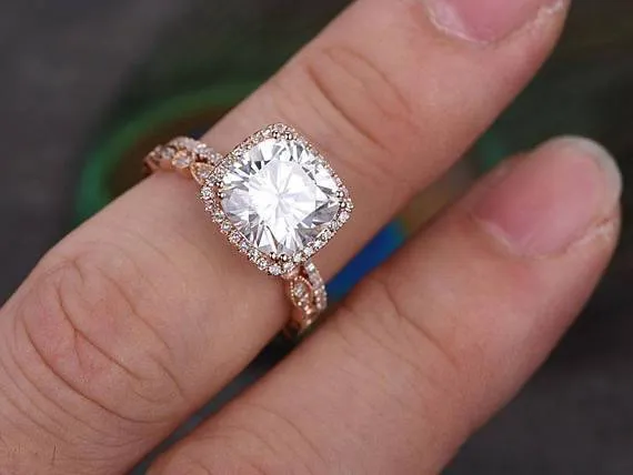 Art Deco Cushion Cut 2 Carat Moissanite Diamond Engagement Halo Wedding Ring Set in Rose Gold
