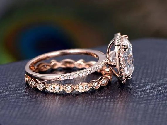 Art Deco Cushion Cut 2 Carat Moissanite Diamond Engagement Halo Wedding Ring Set in Rose Gold
