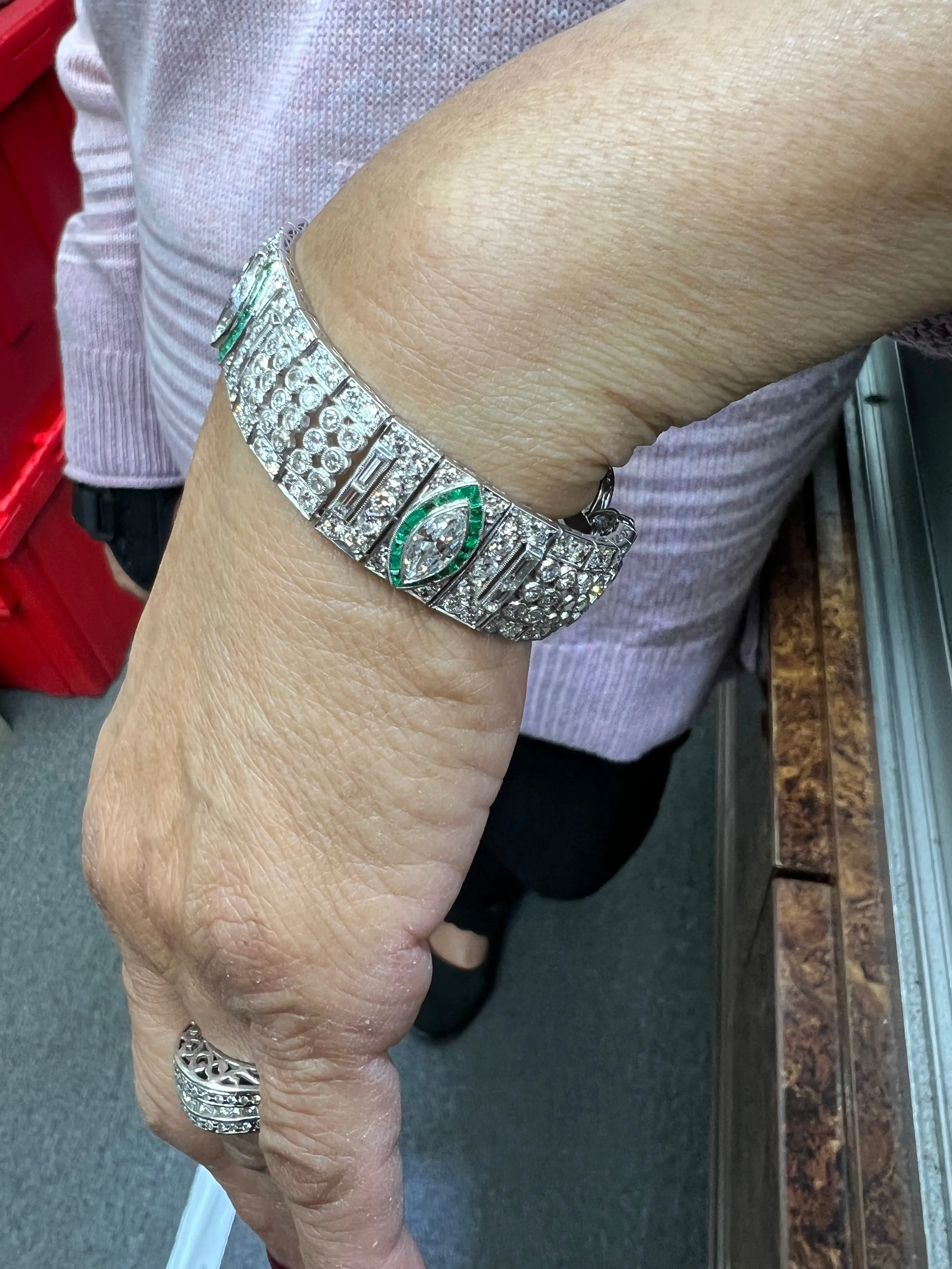 Art Deco Diamond And Emerald Platinum Bracelet Circa 1925