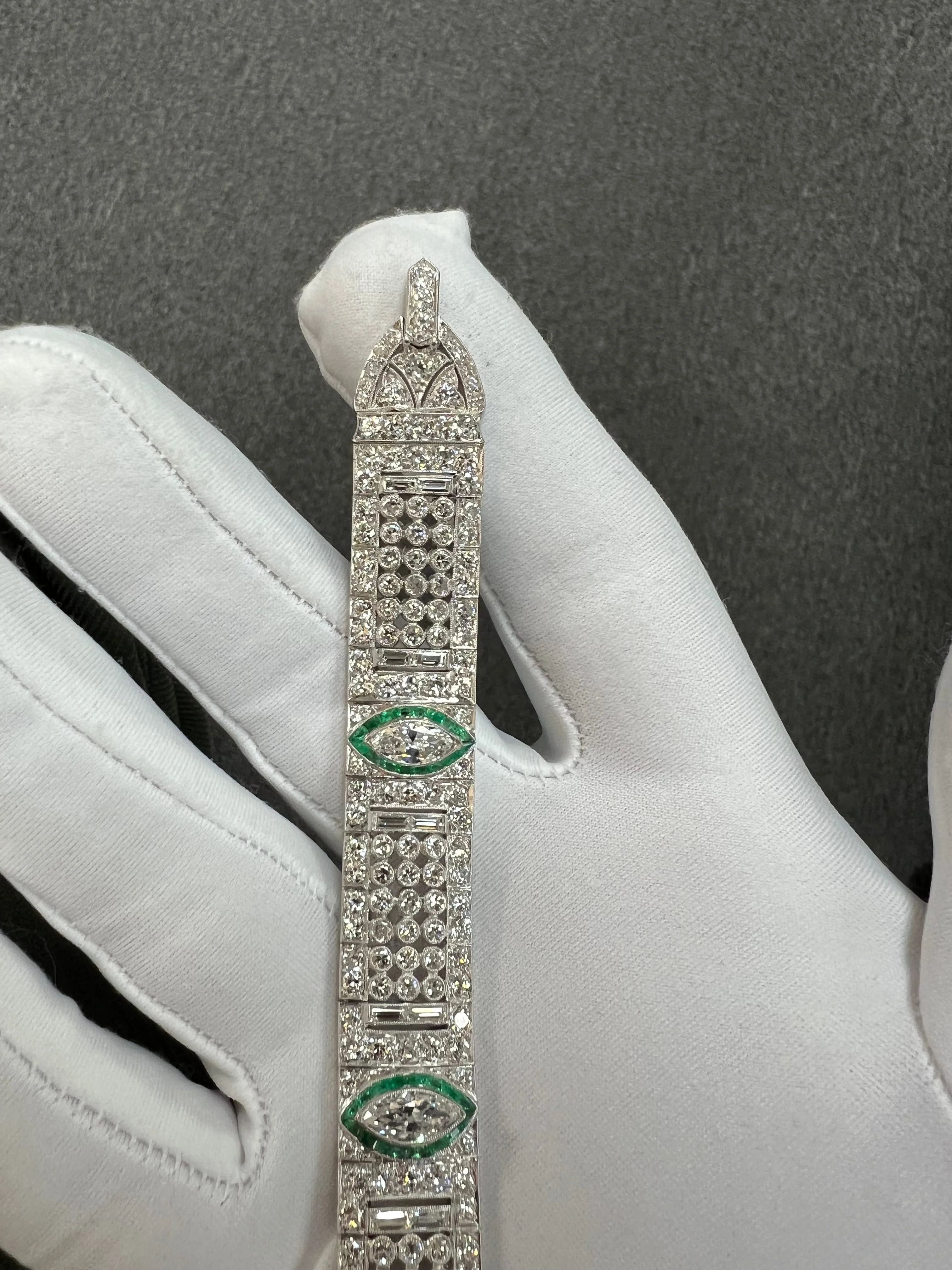 Art Deco Diamond And Emerald Platinum Bracelet Circa 1925