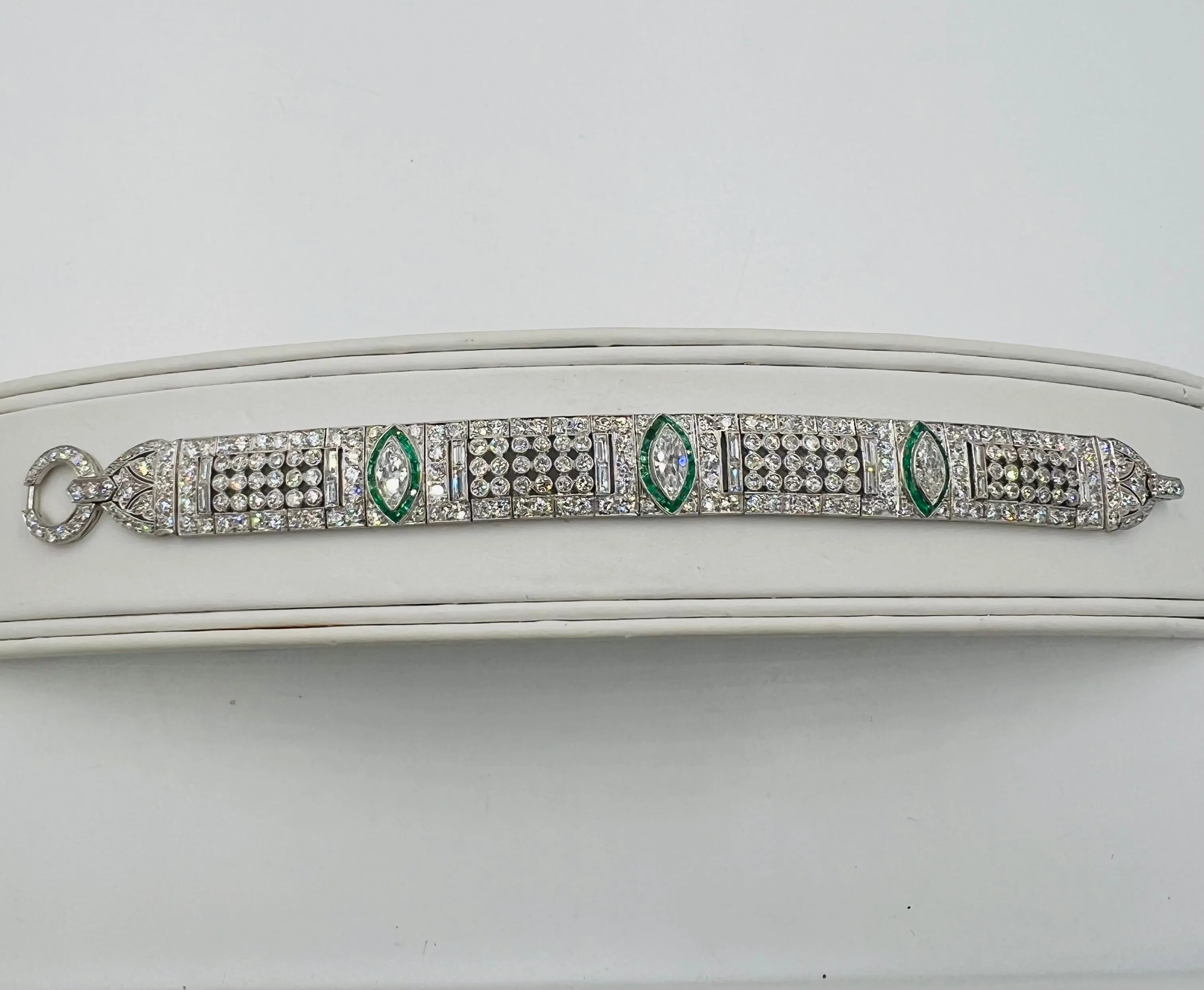 Art Deco Diamond And Emerald Platinum Bracelet Circa 1925