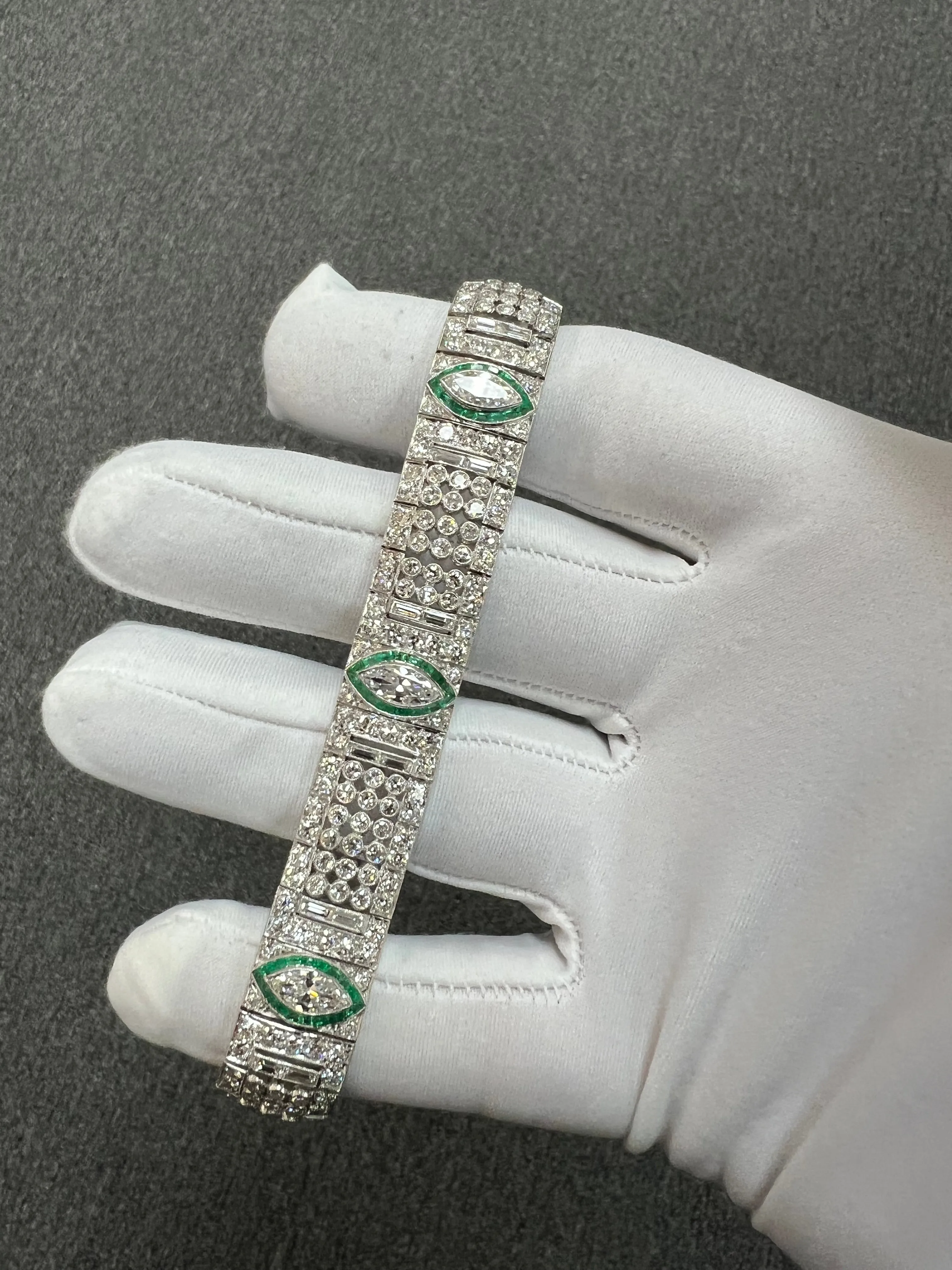 Art Deco Diamond And Emerald Platinum Bracelet Circa 1925