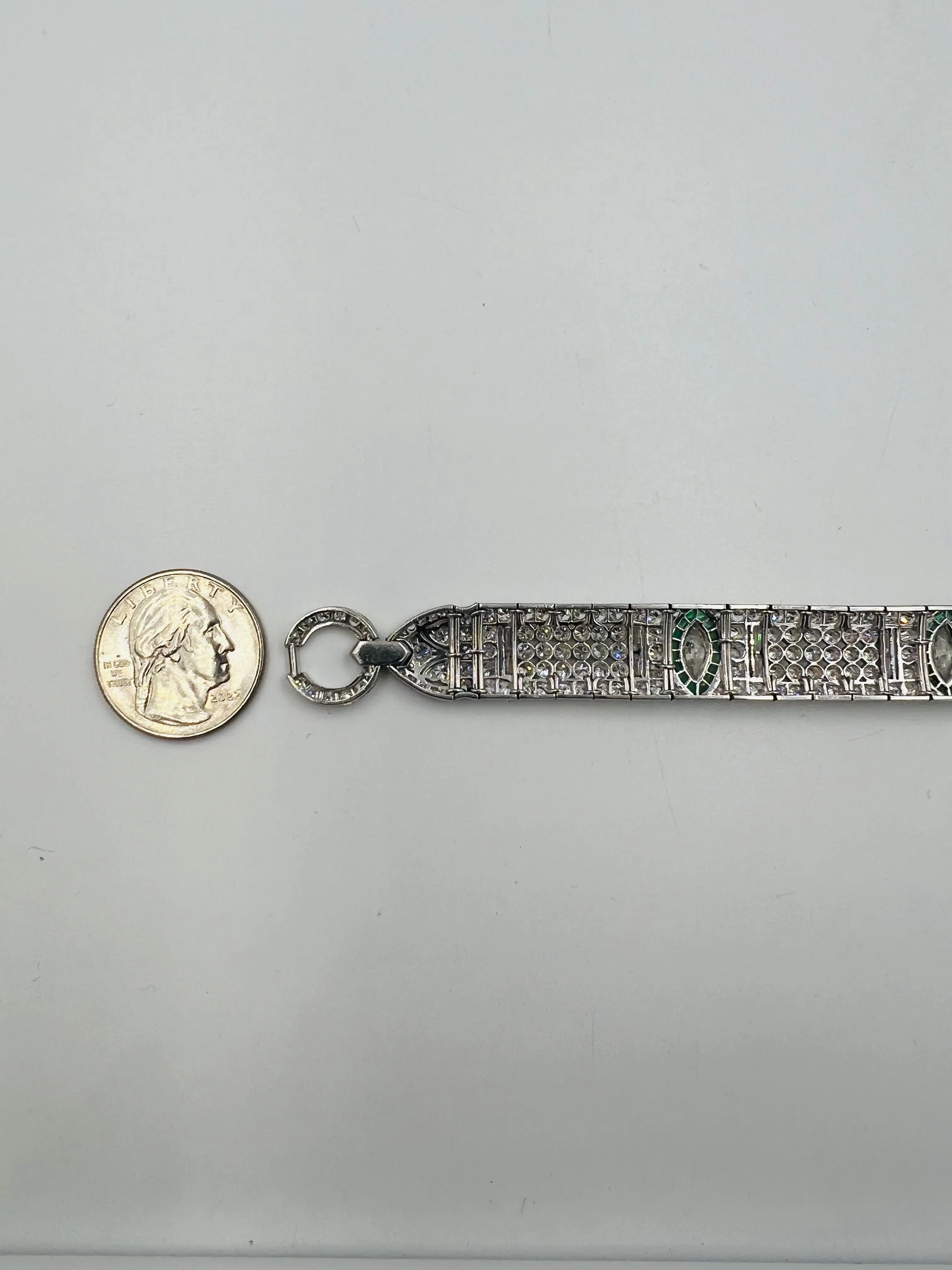 Art Deco Diamond And Emerald Platinum Bracelet Circa 1925