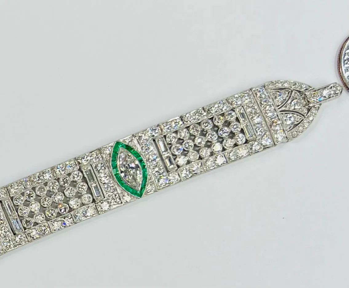 Art Deco Diamond And Emerald Platinum Bracelet Circa 1925