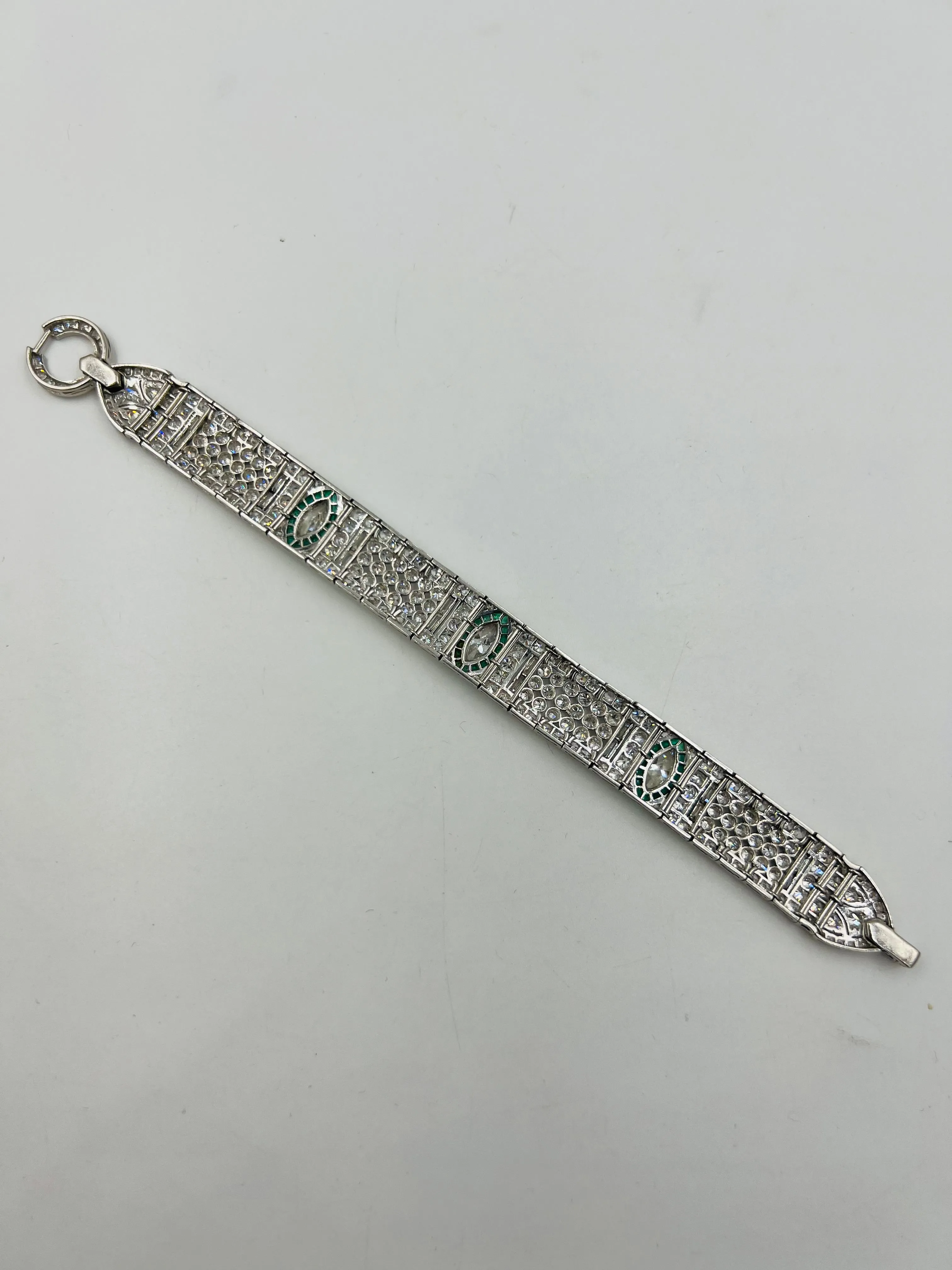 Art Deco Diamond And Emerald Platinum Bracelet Circa 1925