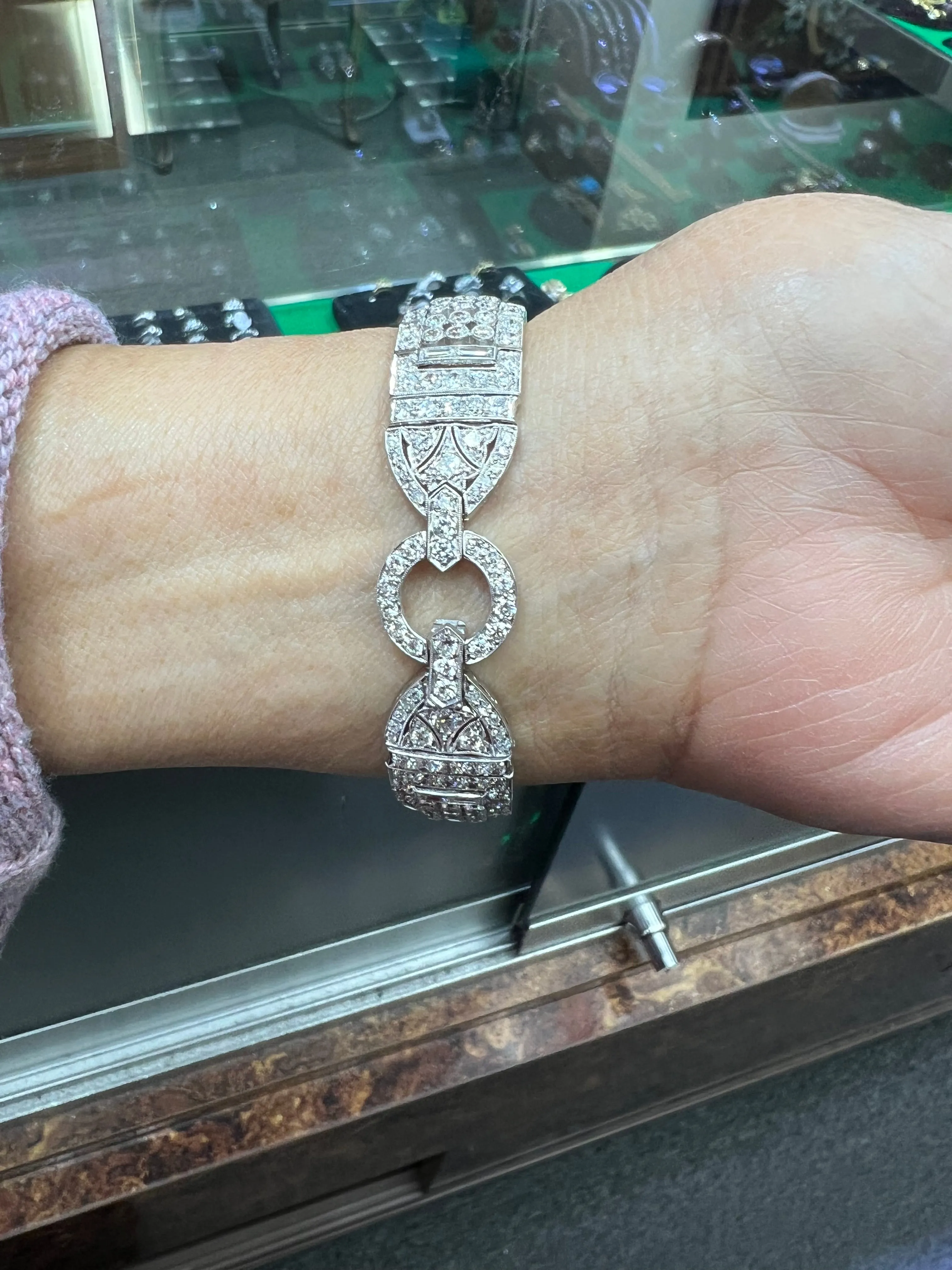 Art Deco Diamond And Emerald Platinum Bracelet Circa 1925