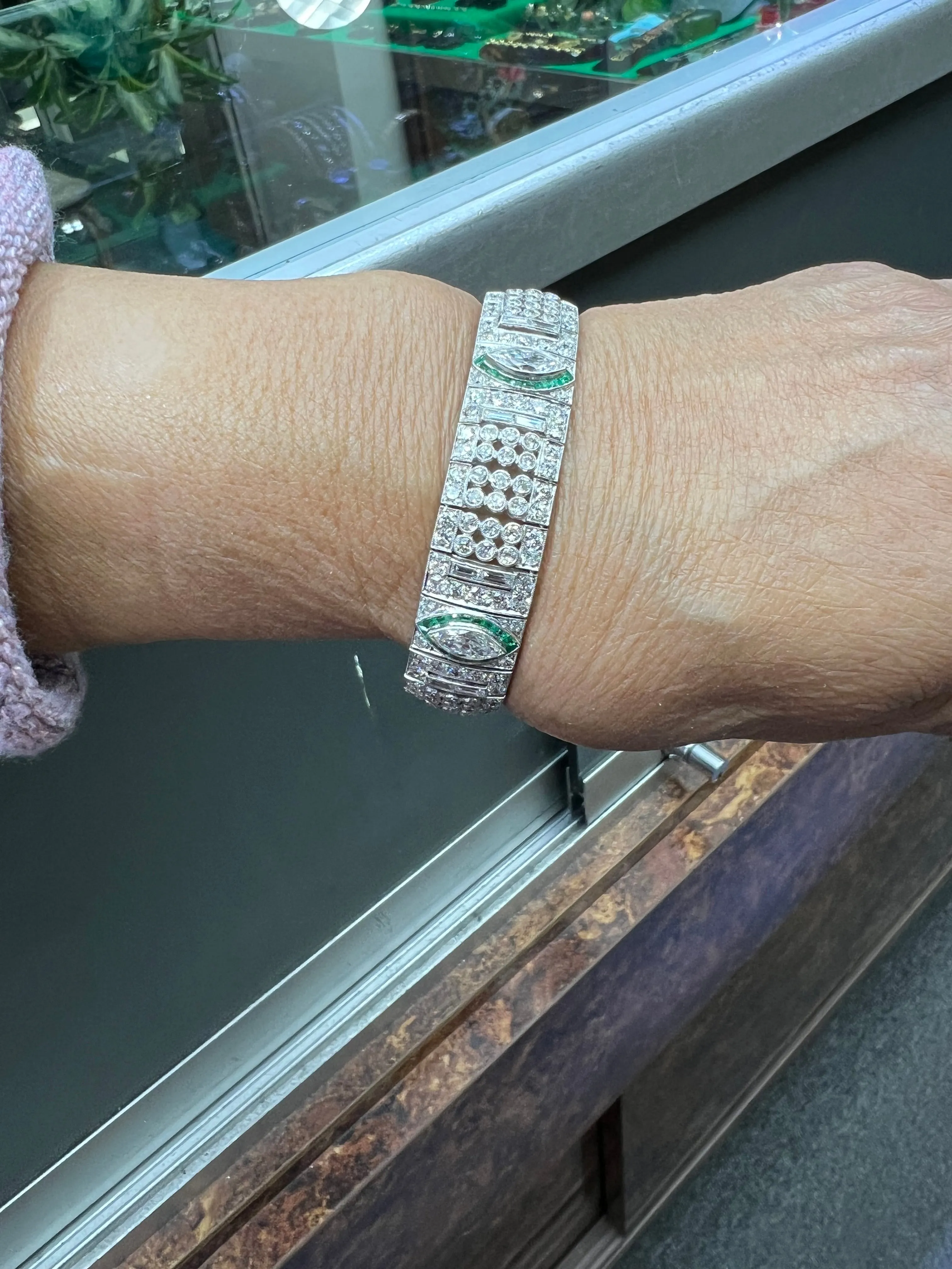Art Deco Diamond And Emerald Platinum Bracelet Circa 1925