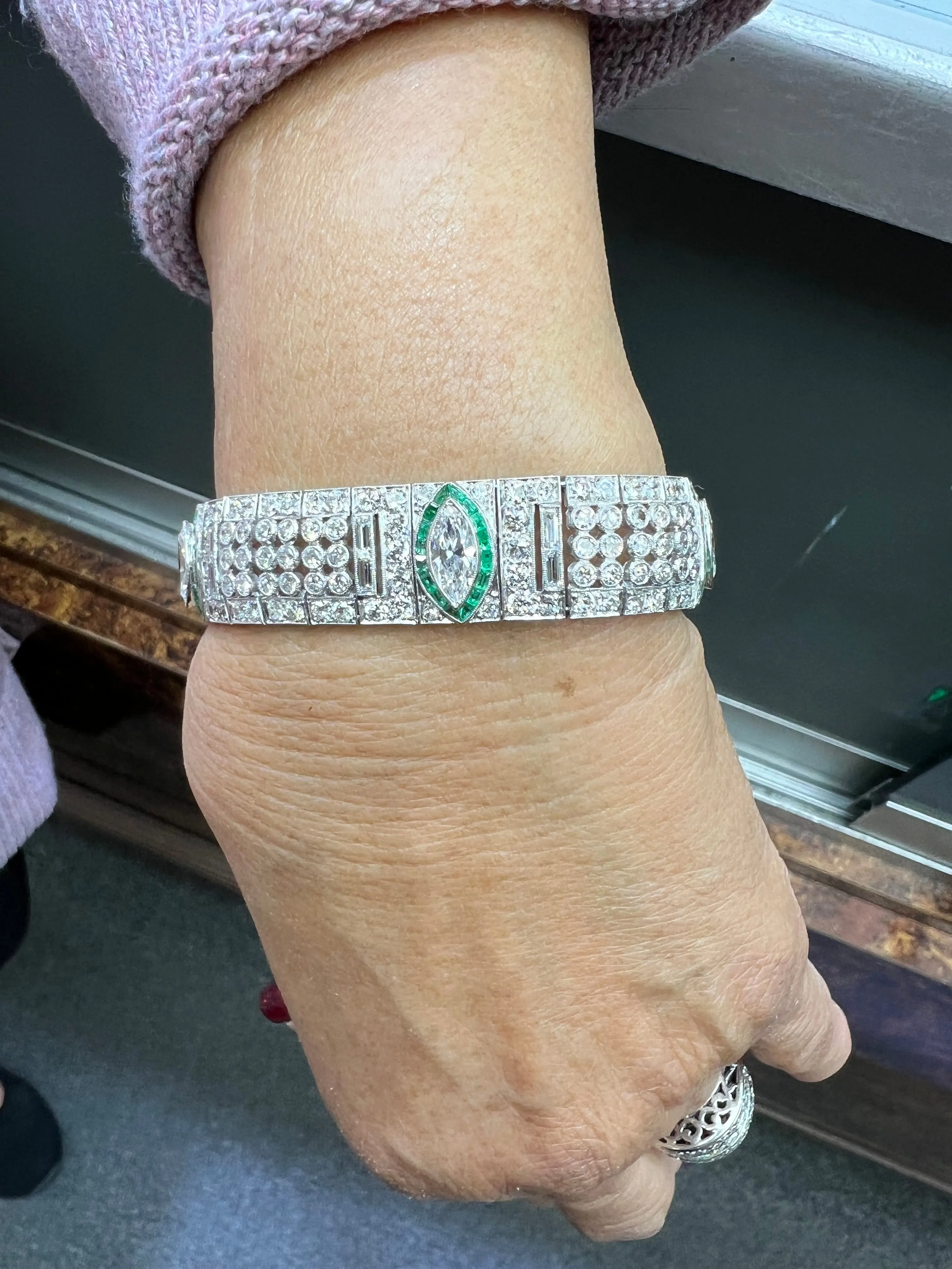 Art Deco Diamond And Emerald Platinum Bracelet Circa 1925