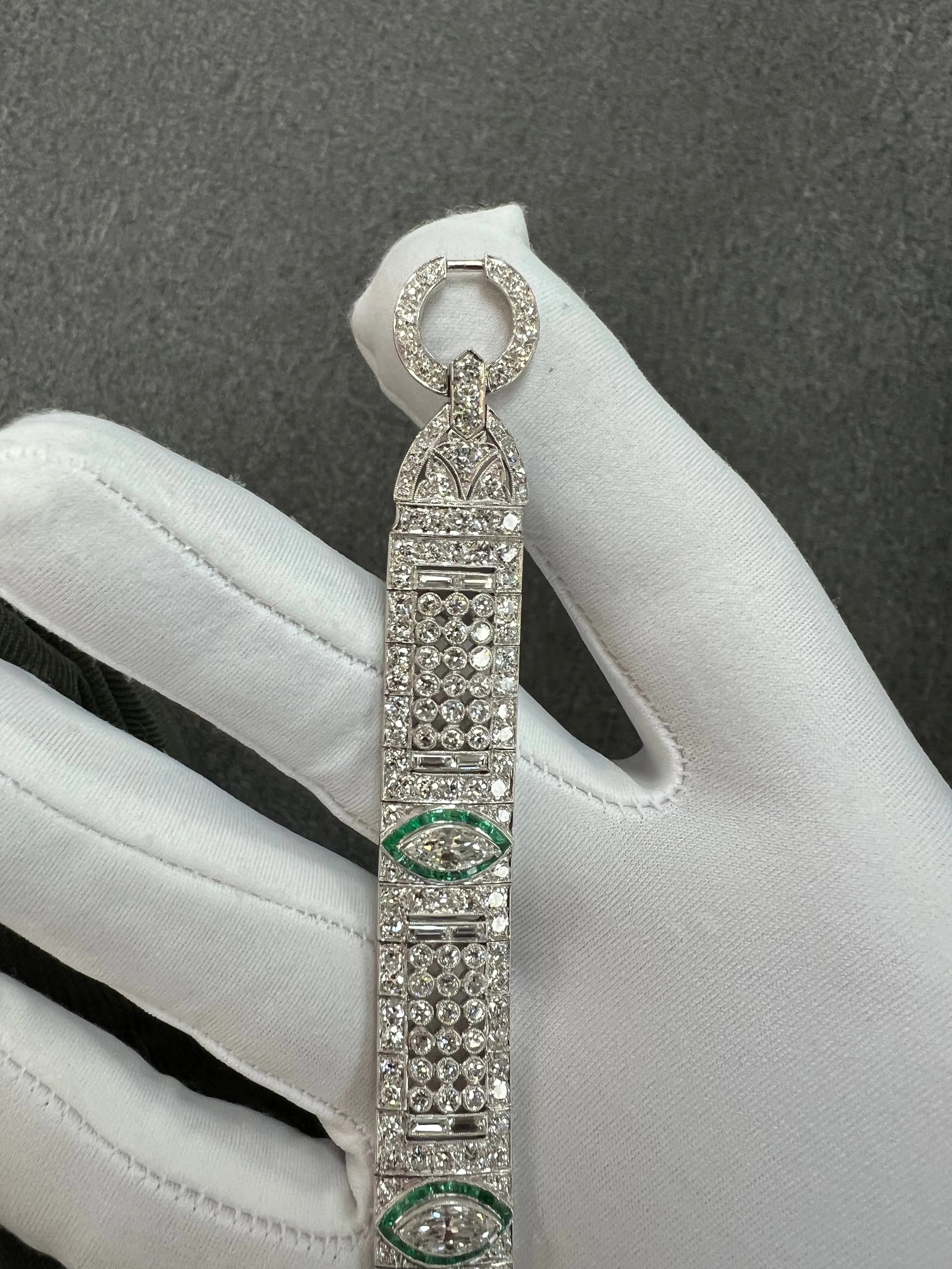 Art Deco Diamond And Emerald Platinum Bracelet Circa 1925