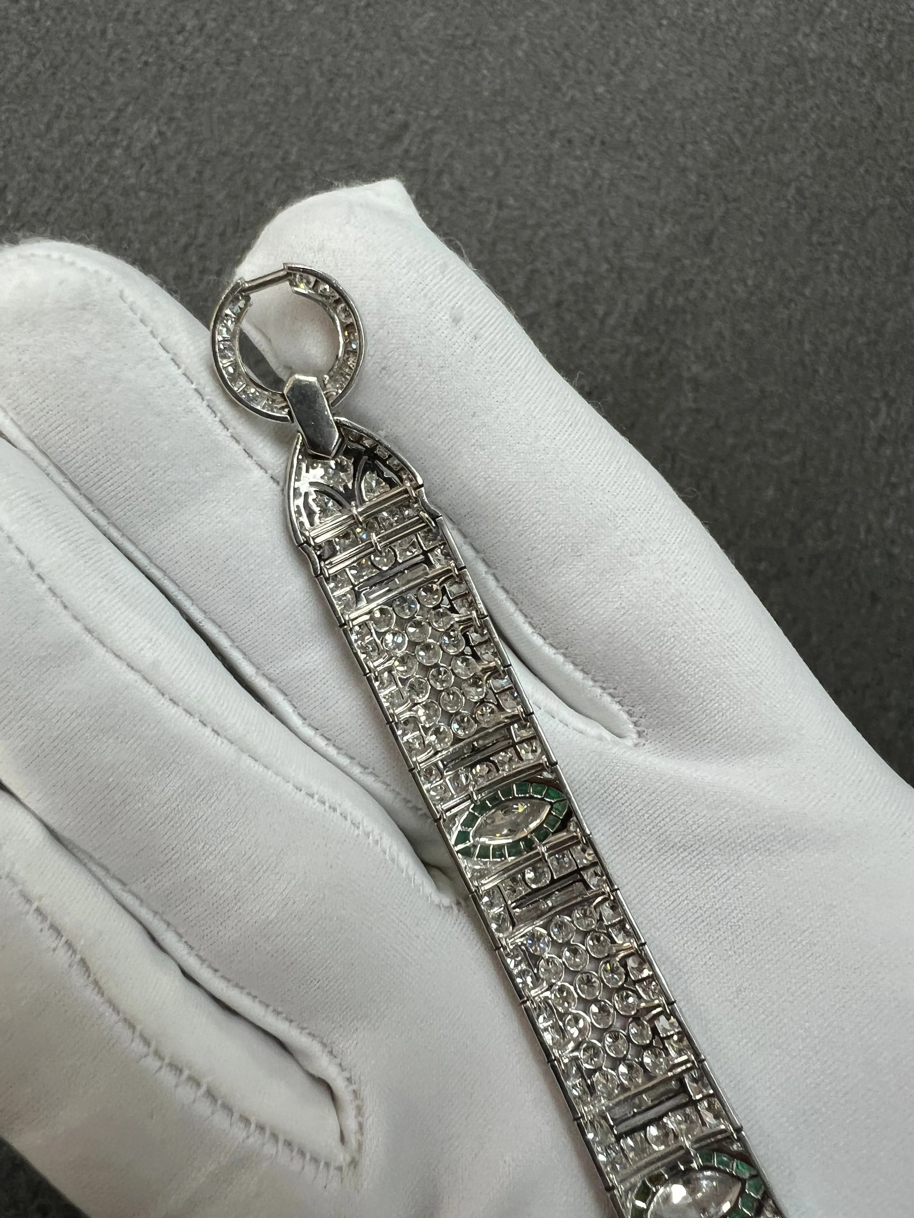 Art Deco Diamond And Emerald Platinum Bracelet Circa 1925