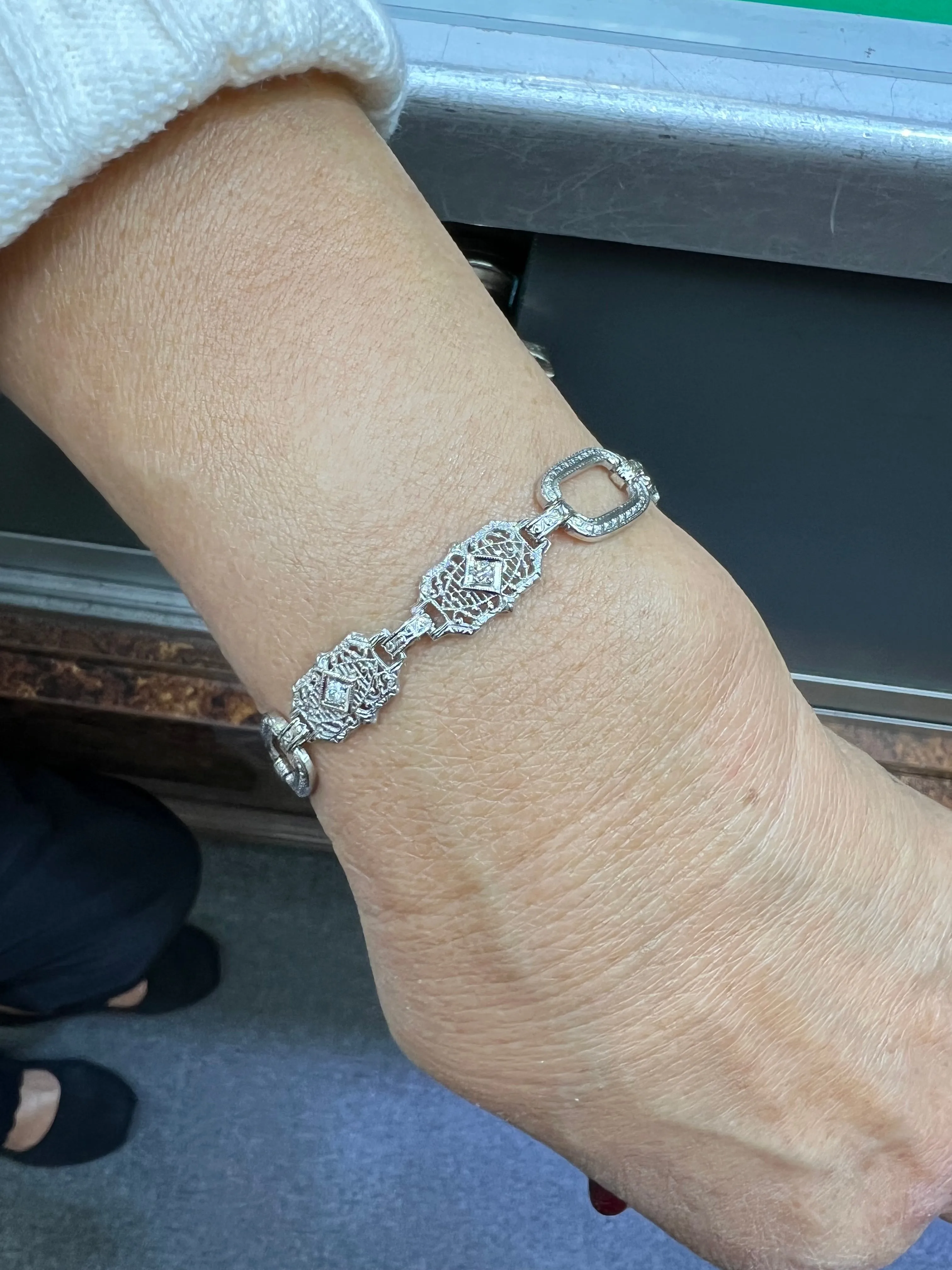 Art Deco Filigree Diamond 14k White Gold Platinum Bracelet Circa 1930s