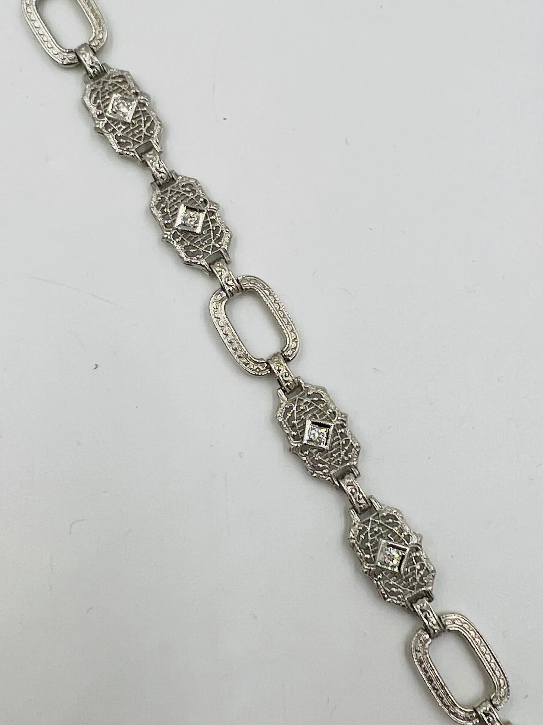 Art Deco Filigree Diamond 14k White Gold Platinum Bracelet Circa 1930s