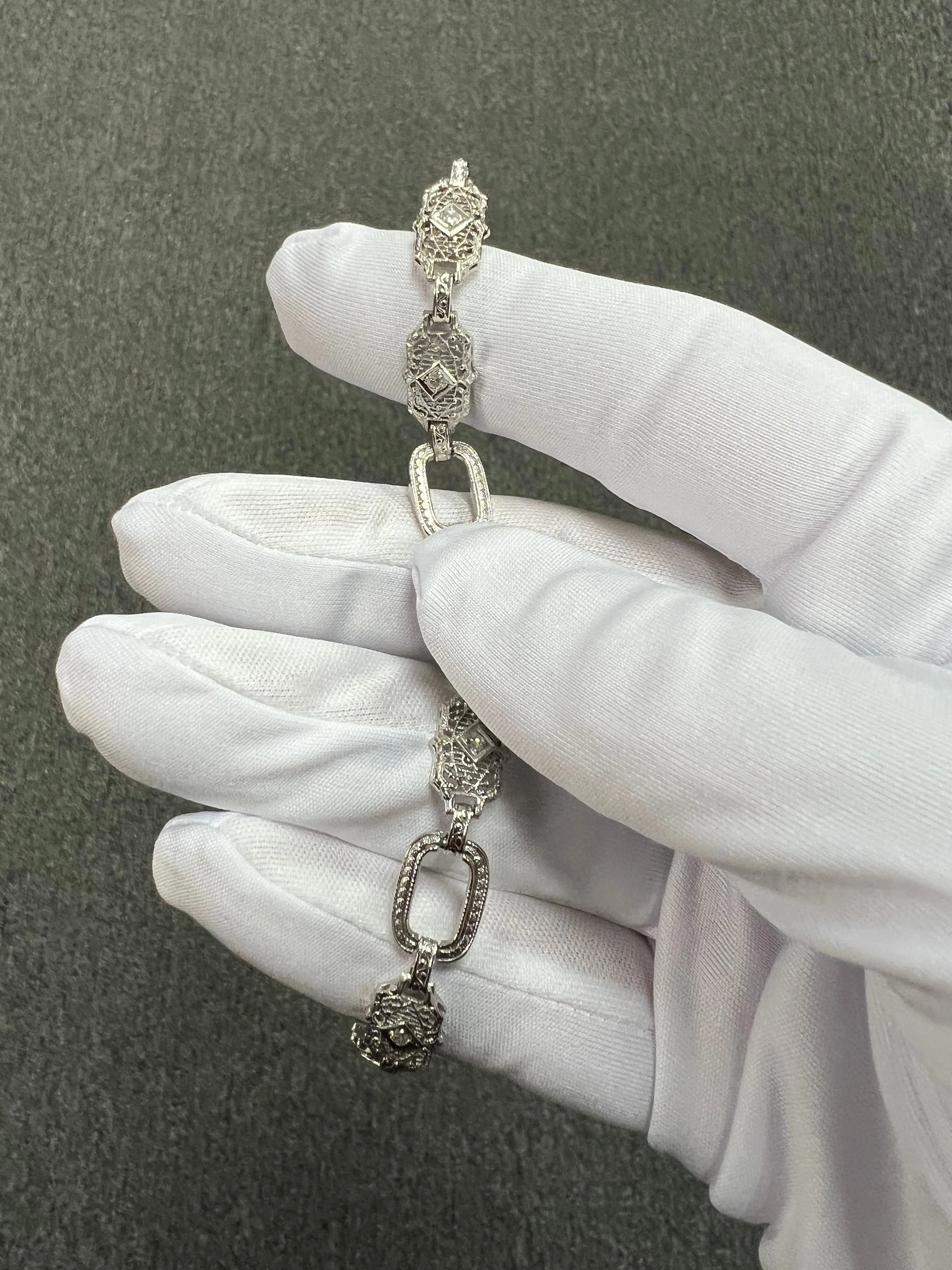 Art Deco Filigree Diamond 14k White Gold Platinum Bracelet Circa 1930s