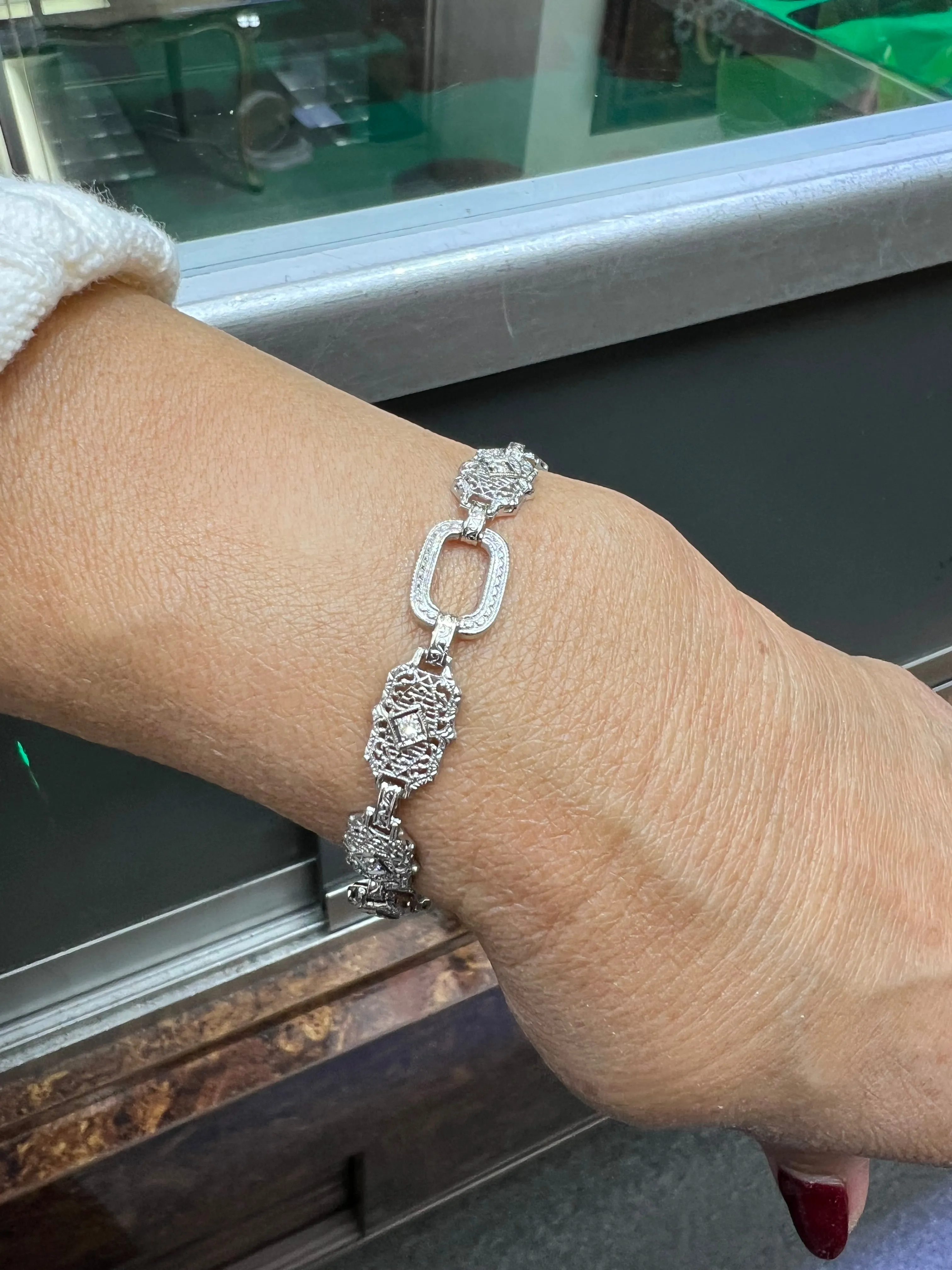 Art Deco Filigree Diamond 14k White Gold Platinum Bracelet Circa 1930s