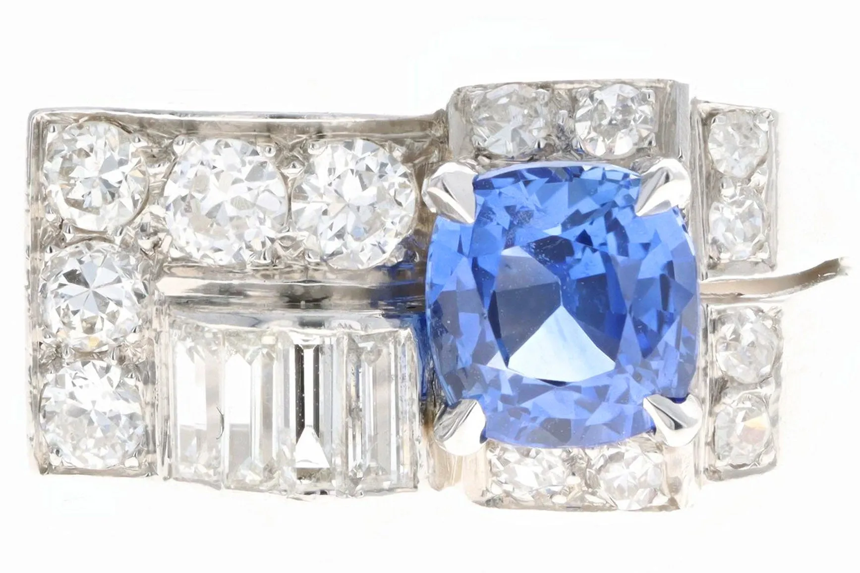 Art Deco Platinum 2.0 Carat Cushion Cut Natural Sapphire & Diamond Ring